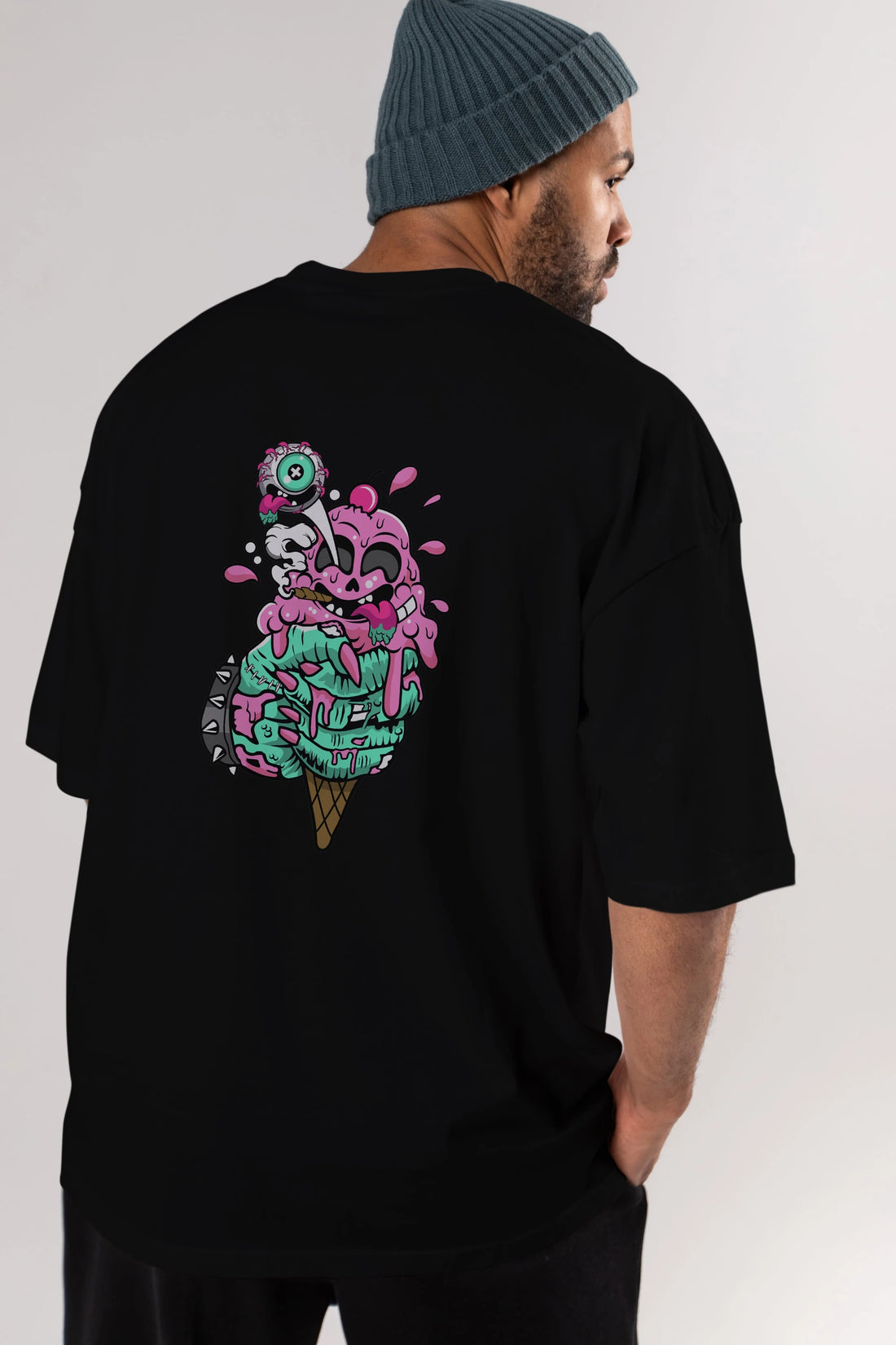 Ice Cream Zombie Arka Baskılı Oversize t-shirt Erkek Kadın Unisex %100 Pamuk tişort