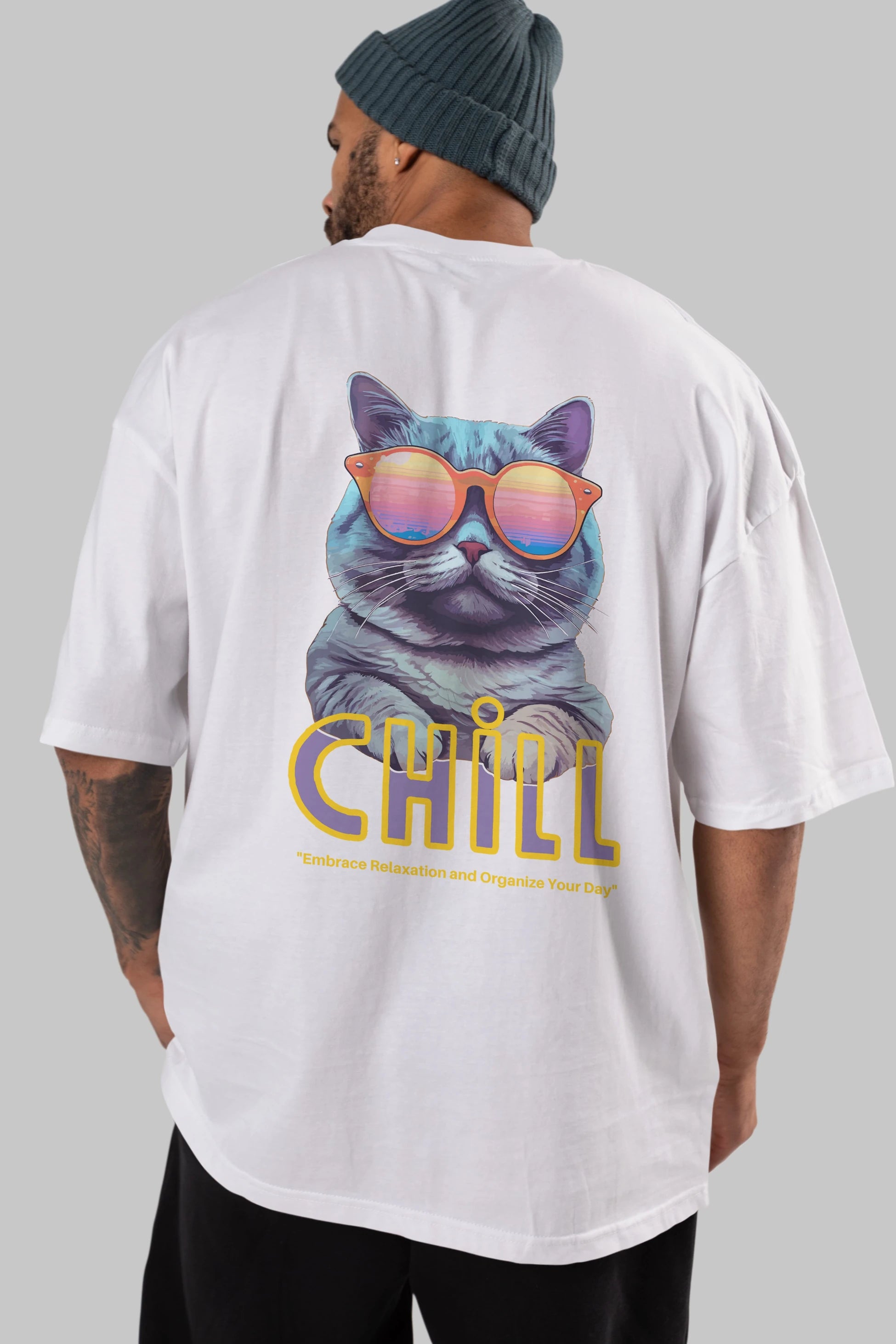 Chill Cat Arka Baskılı Oversize t-shirt Erkek Kadın Unisex