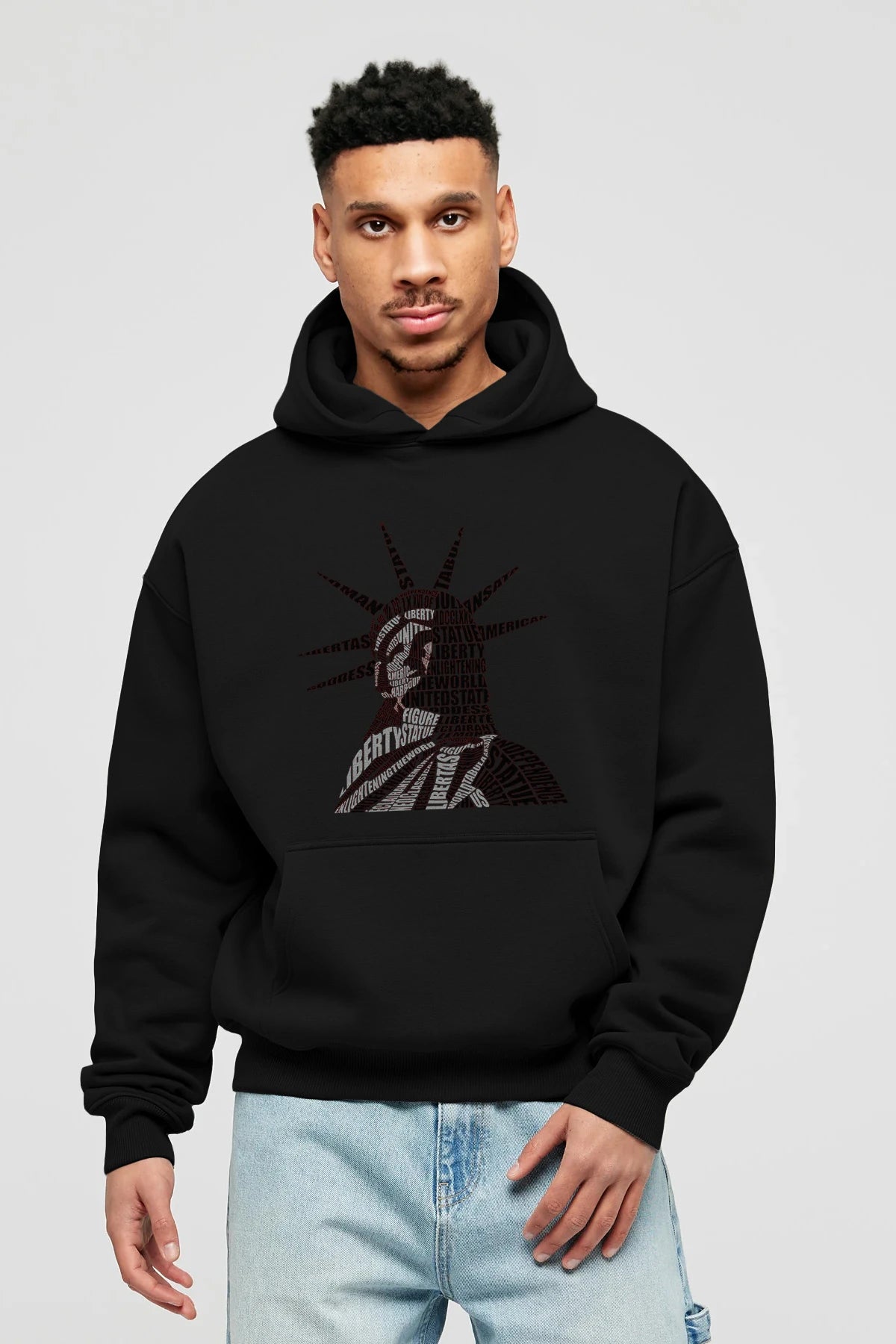 Liberty Statue Calligram Ön Baskılı Hoodie Oversize Kapüşonlu Sweatshirt Erkek Kadın Unisex