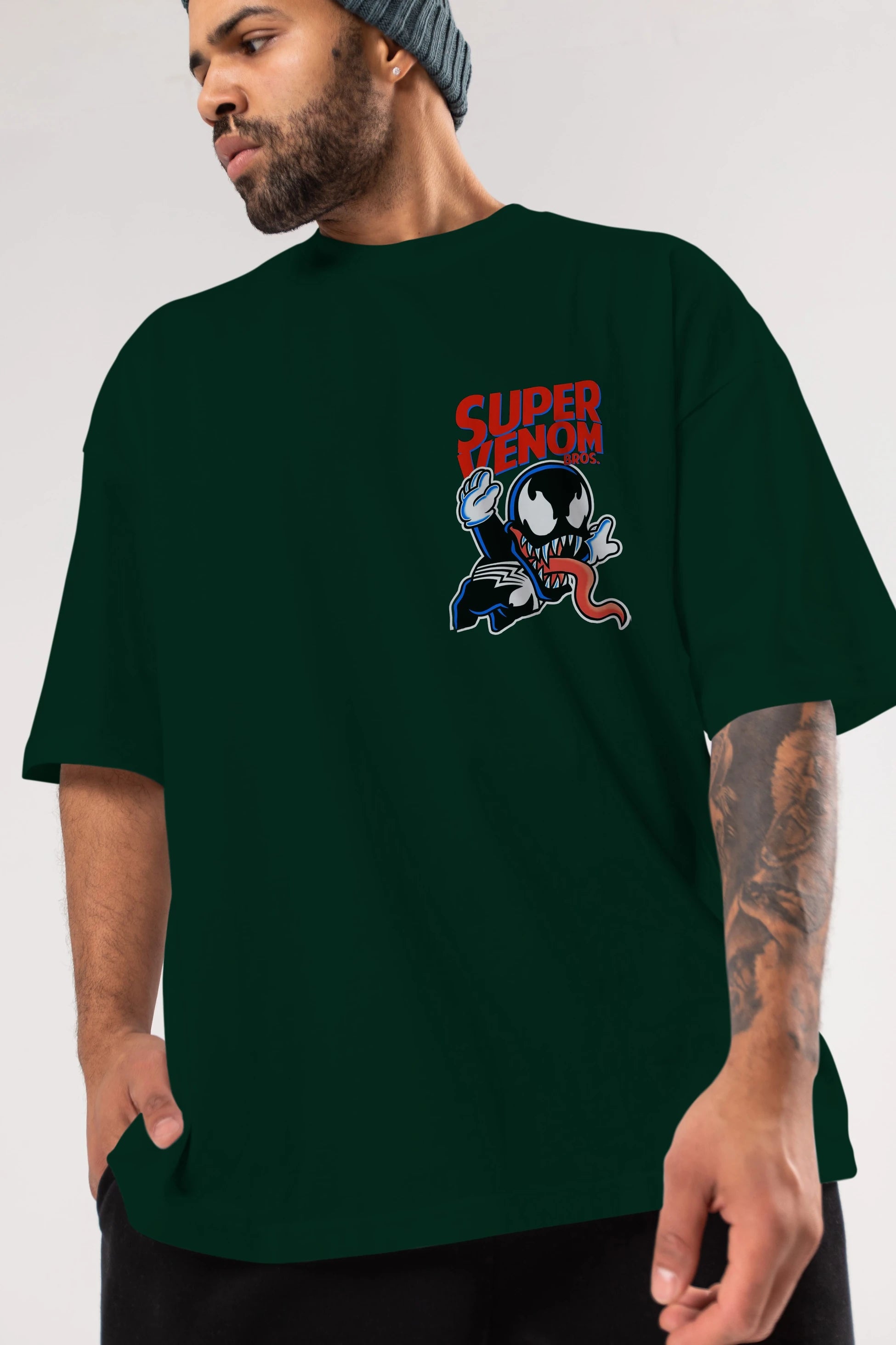 Super Venom Ön Sol Baskılı Oversize t-shirt Erkek Kadın Unisex %100 Pamuk Bisiklet Yaka tişort