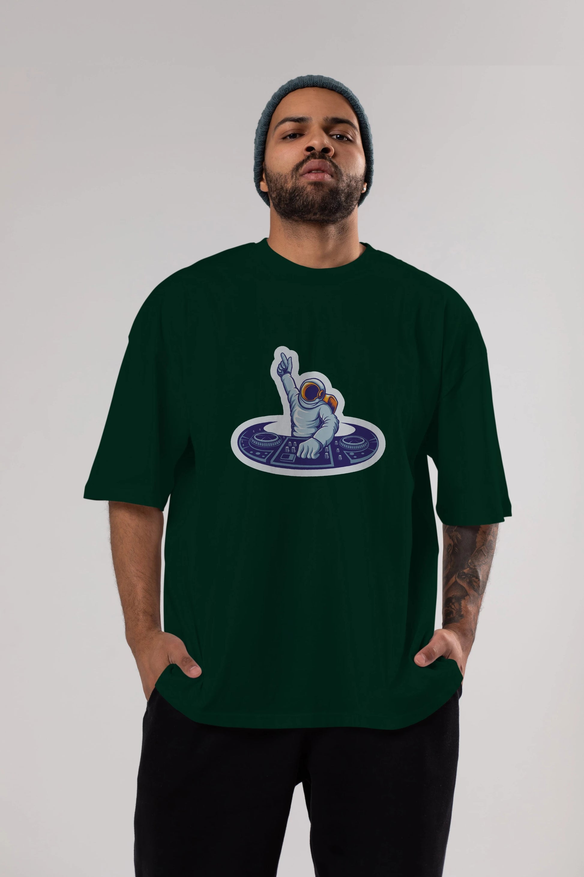 Astronaut Disk Jockey Party Sticker Ön Baskılı Oversize t-shirt Erkek Kadın Unisex