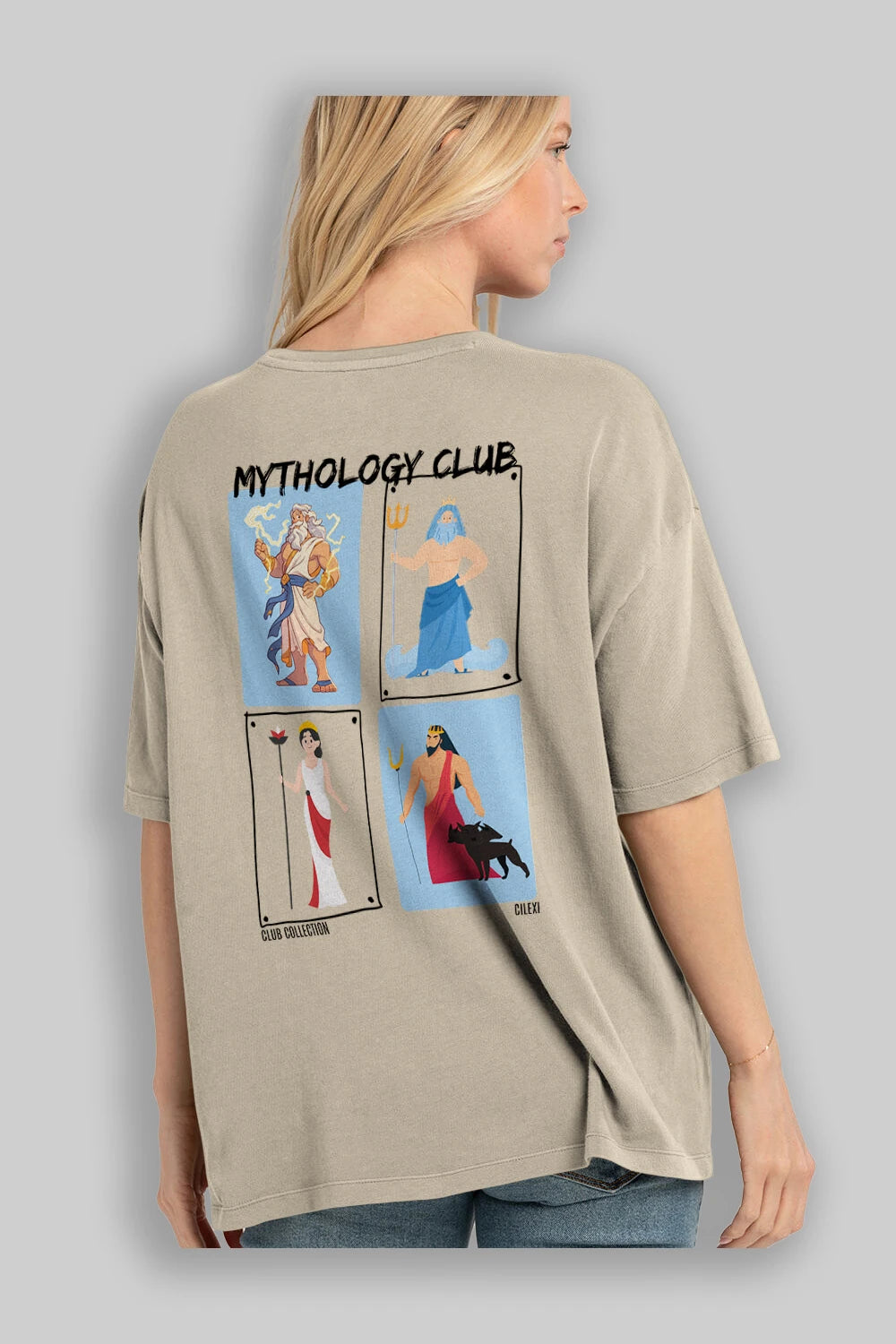 Mythology Club 2 Arka Baskılı Oversize t-shirt Erkek Kadın %100 Pamuk Bisiklet Yaka tişort