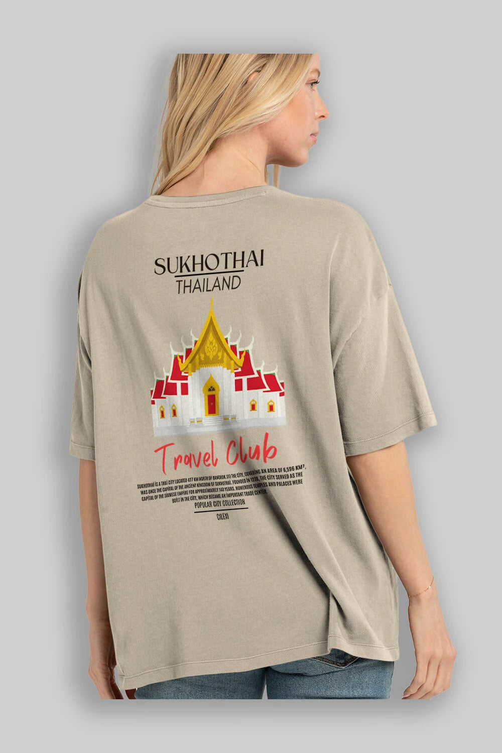Sukhothai Thailand Arka Baskılı Oversize t-shirt Erkek Kadın Pamuk Bisiklet Yaka tişort