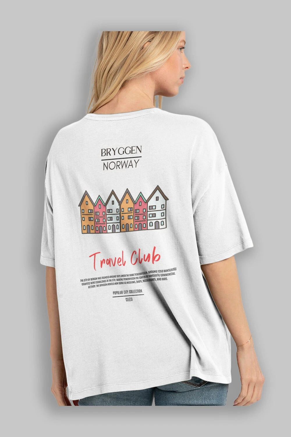 Bryggen Norway Arka Baskılı Oversize t-shirt Erkek Kadın Pamuk Bisiklet Yaka tişort