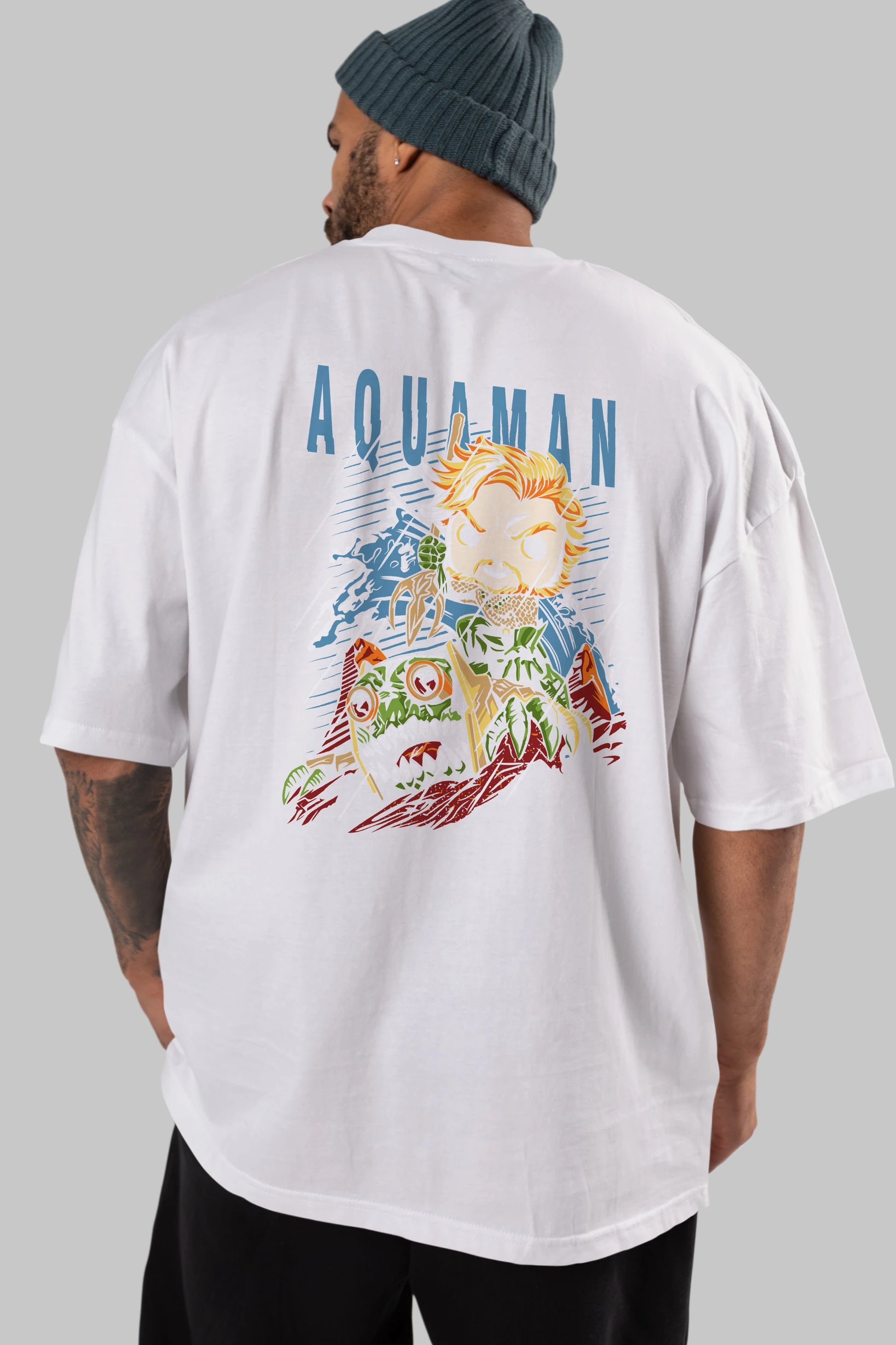 Aquaman Arka Baskılı Oversize t-shirt Erkek Kadın Unisex %100 Pamuk Bisiklet Yaka tişort