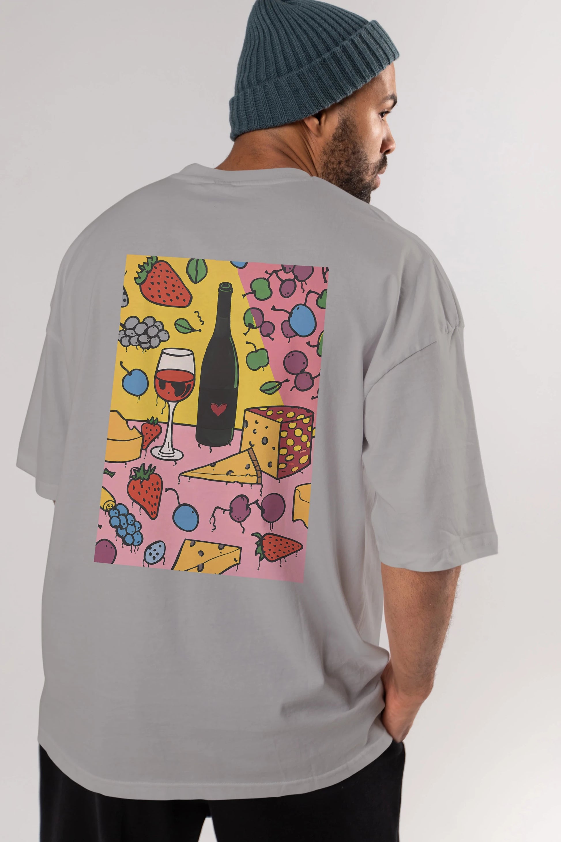 Wine Cheese Fruits Arka Baskılı Oversize t-shirt Erkek Kadın Unisex %100 Pamuk Bisiklet Yaka tişort
