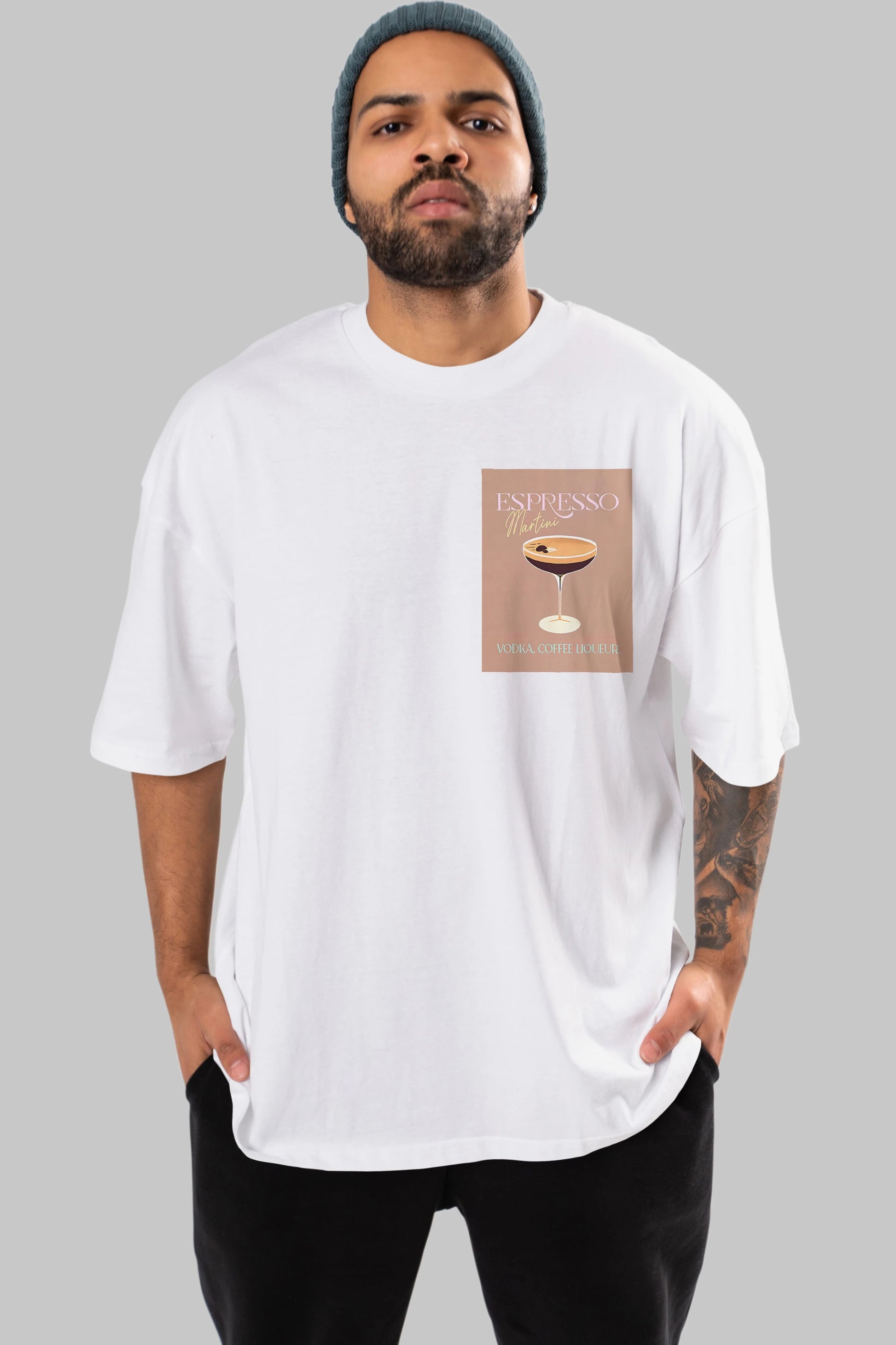 Espresso Martini Cocktail Ön Sol Baskılı Oversize t-shirt Erkek Kadın Unisex %100 Pamuk Bisiklet Yaka tişort