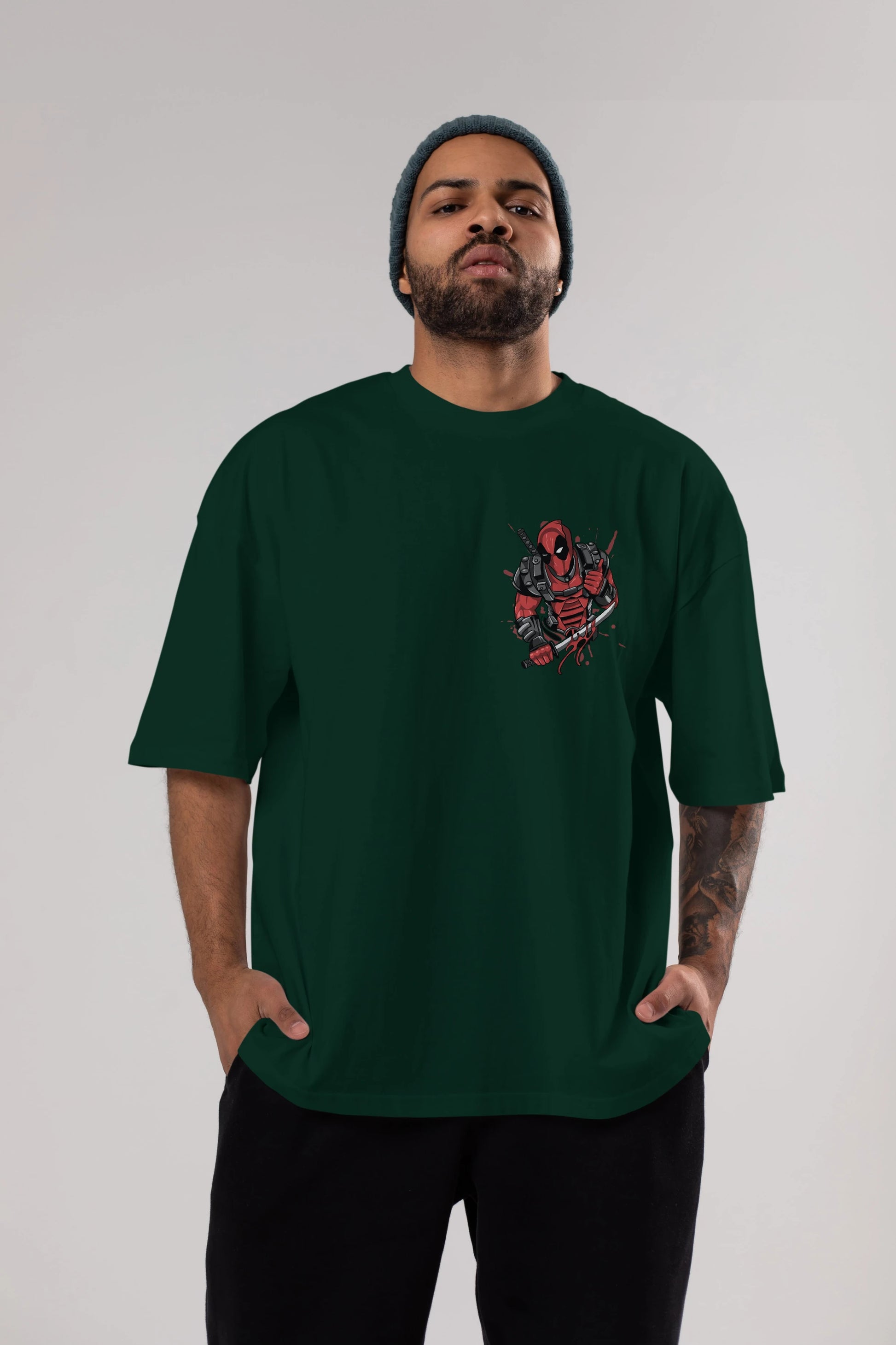 Deadpool (12) Ön Sol Baskılı Oversize t-shirt Erkek Kadın Unisex %100 Pamuk Bisiklet Yaka tişort