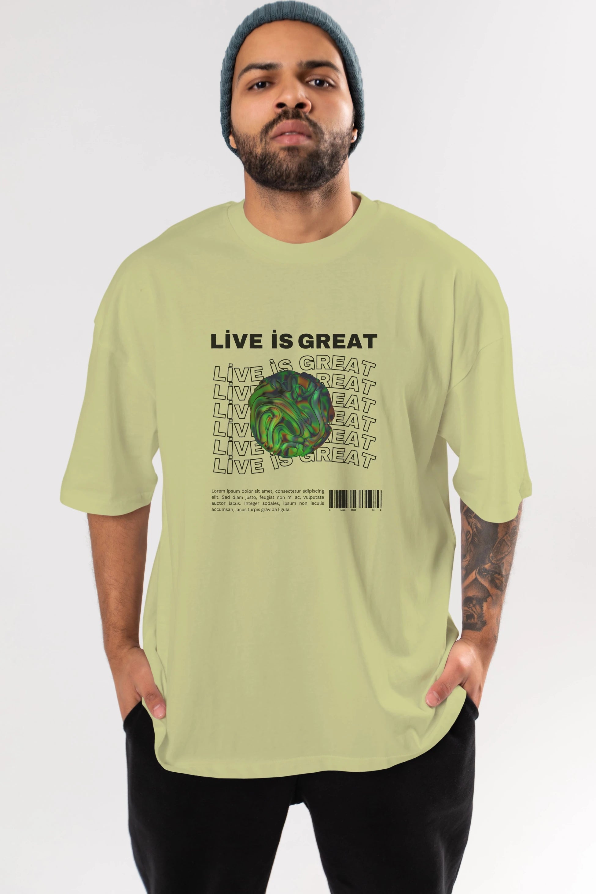Live is Great Yazılı Ön Baskılı Oversize t-shirt Erkek Kadın Unisex
