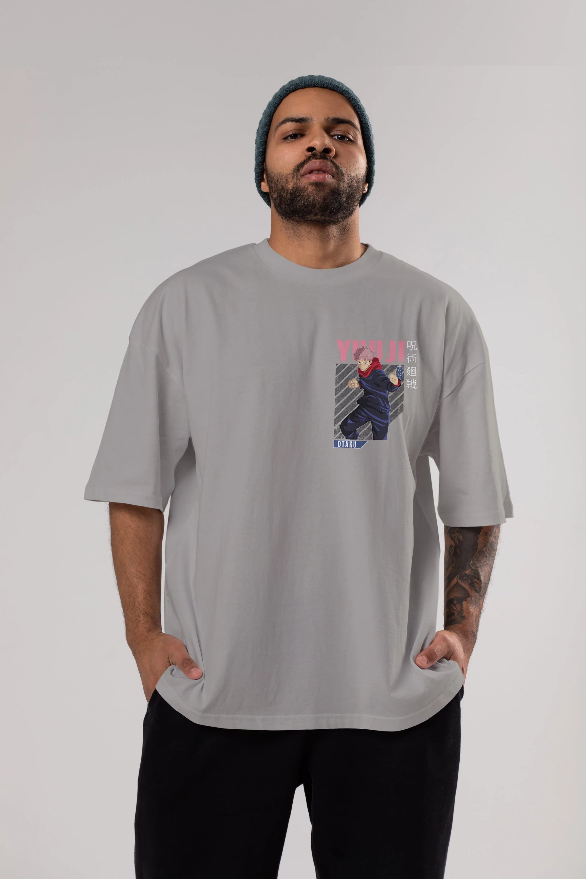 Yuuji Itadori Ön Sol Baskılı Oversize t-shirt Erkek Kadın Unisex %100 Pamuk Bisiklet Yaka tişort