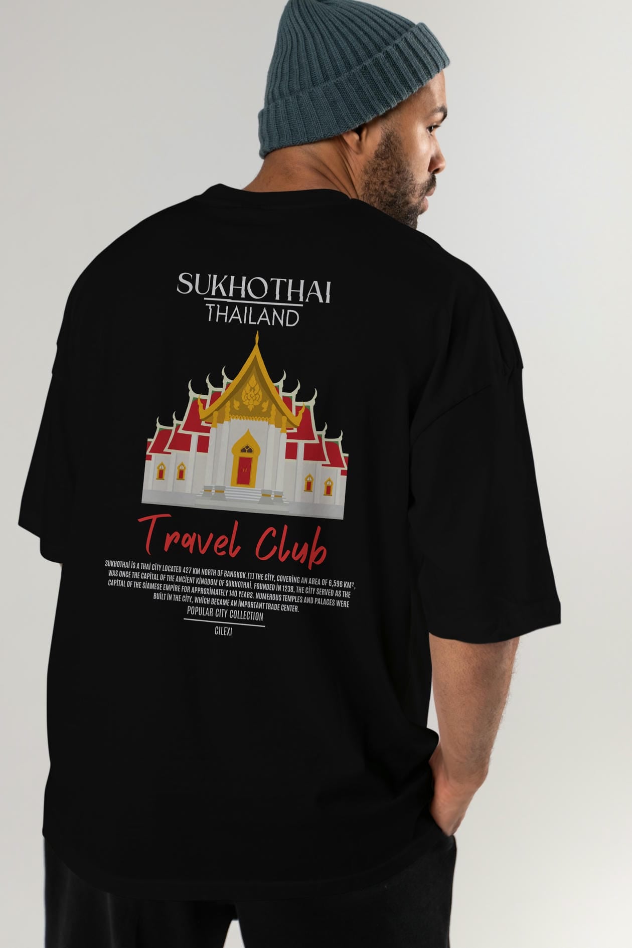 Sukhothai Thailand Arka Baskılı Oversize t-shirt Erkek Kadın Pamuk Bisiklet Yaka tişort