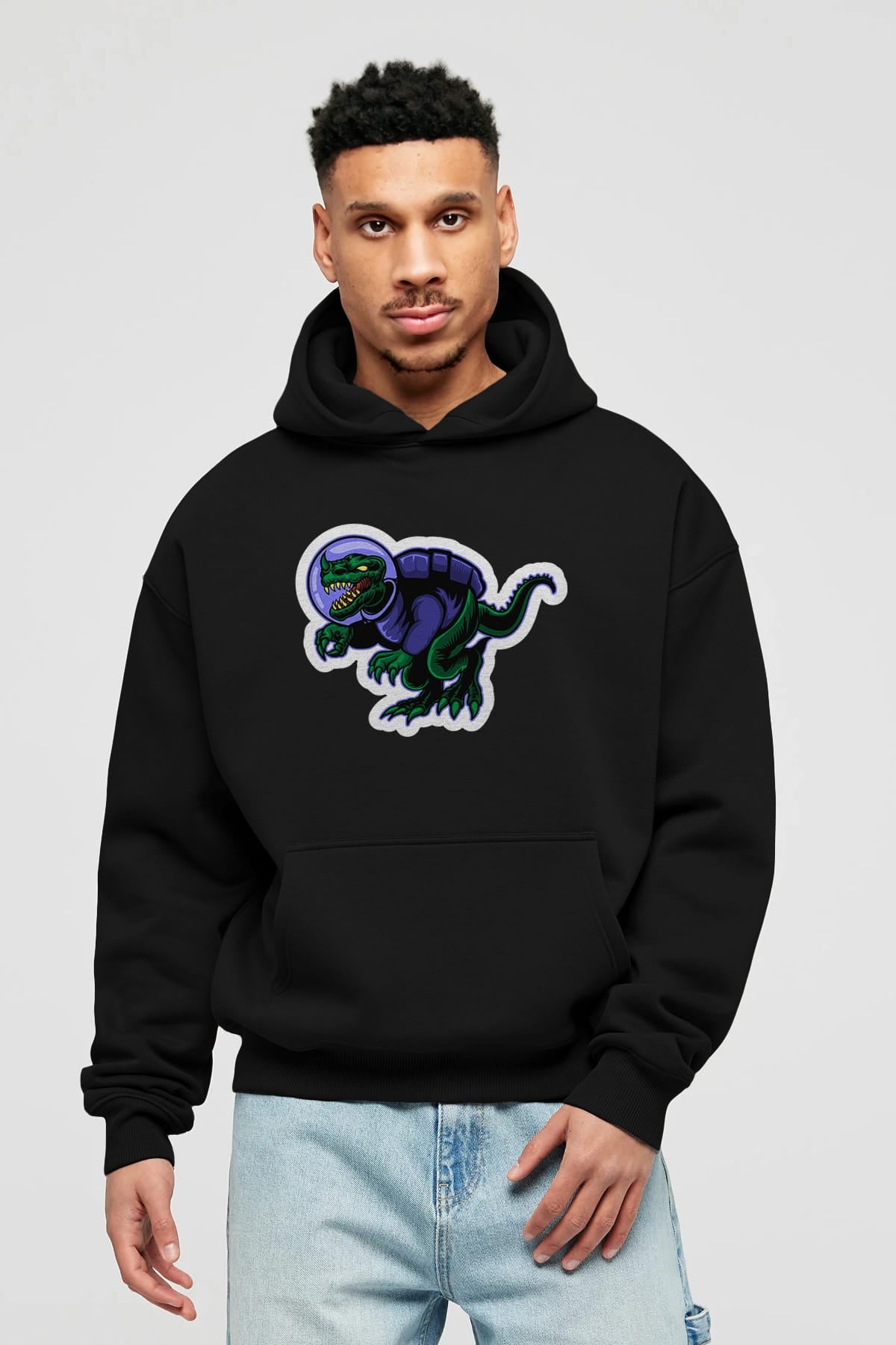 Space Dino Sticker Ön Baskılı Hoodie Oversize Kapüşonlu Sweatshirt Erkek Kadın Unisex