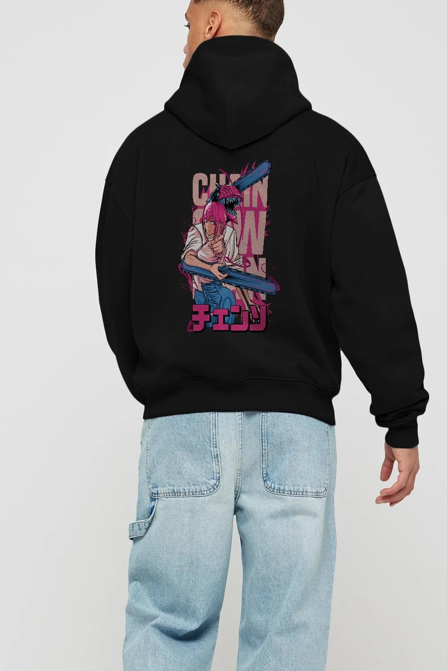 DENJI and MAKIMA Anime Arka Baskılı Hoodie Oversize Kapüşonlu Sweatshirt Erkek Kadın Unisex