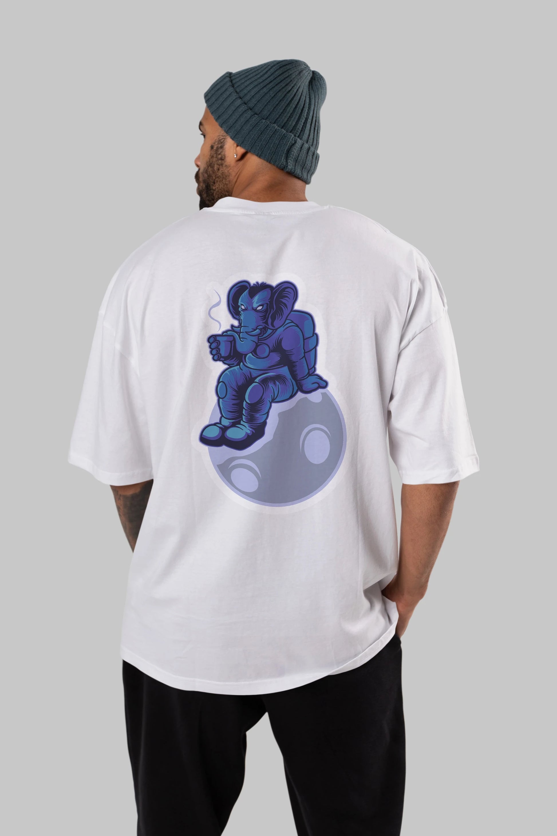 Space Elephant Drink Coffee Sticker Arka Baskılı Oversize t-shirt Erkek Kadın Unisex