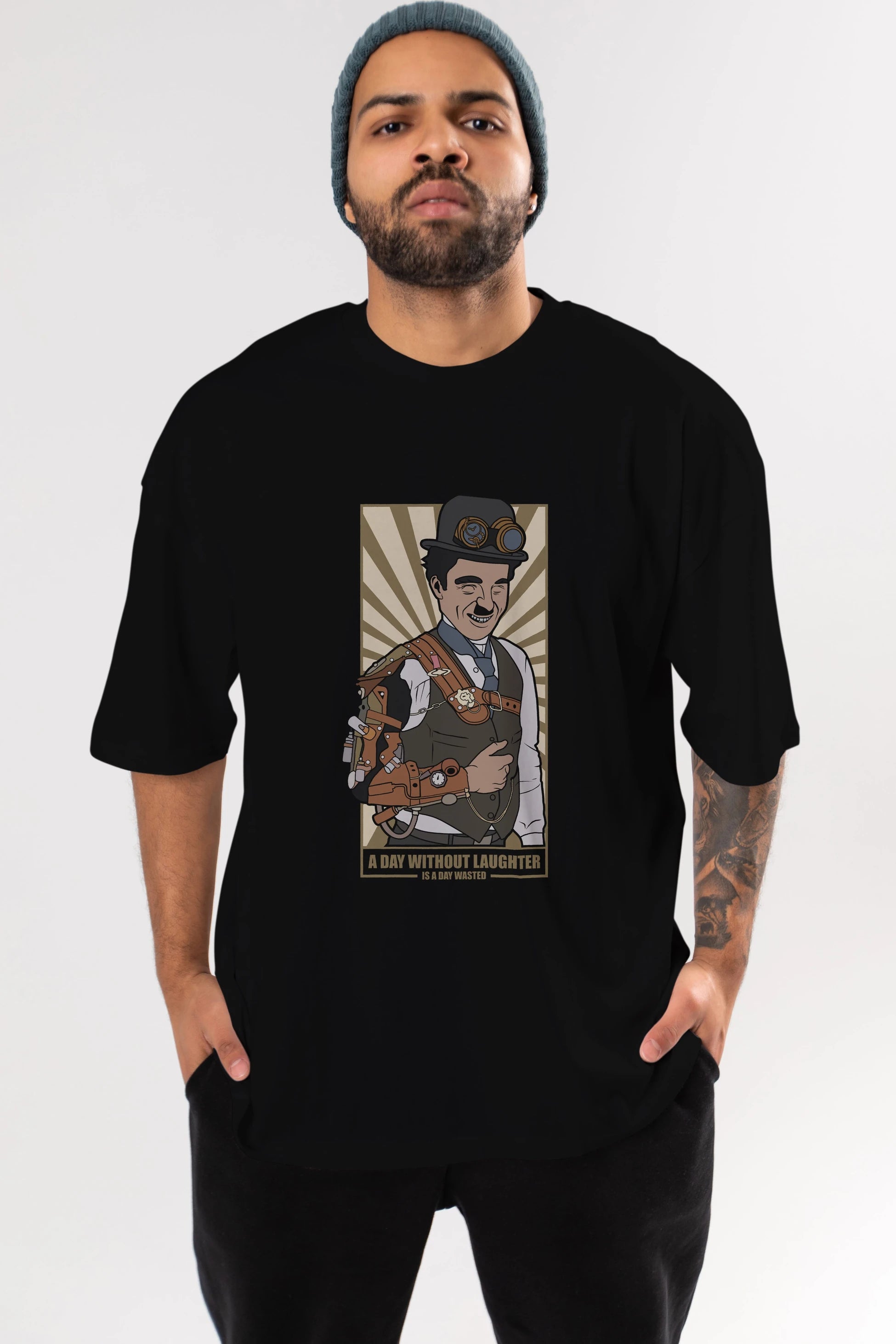 Steampunk Chaplin Ön Baskılı Oversize t-shirt Erkek Kadın Unisex %100 Pamuk tişort