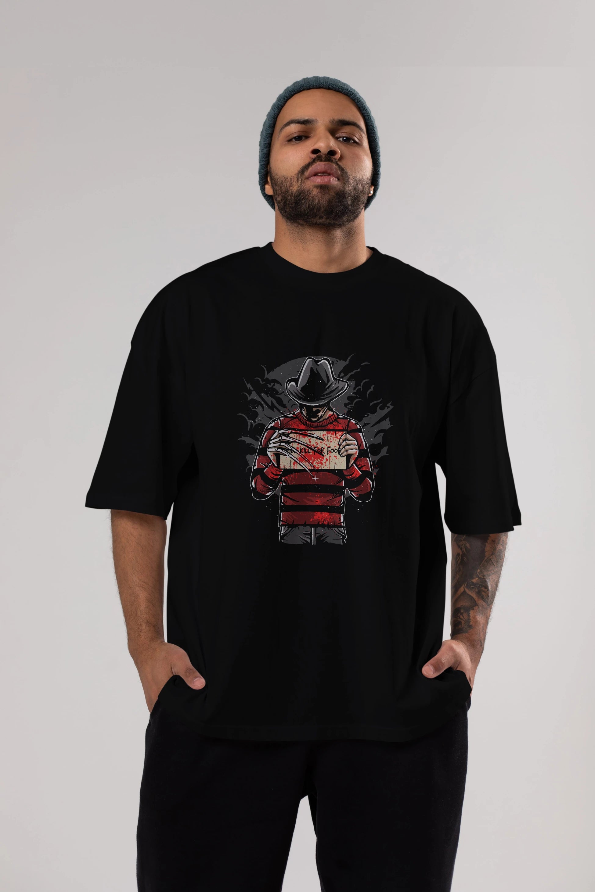 Freddy Will Kill For Food Ön Baskılı Oversize t-shirt Erkek Kadın Unisex %100 Pamuk tişort