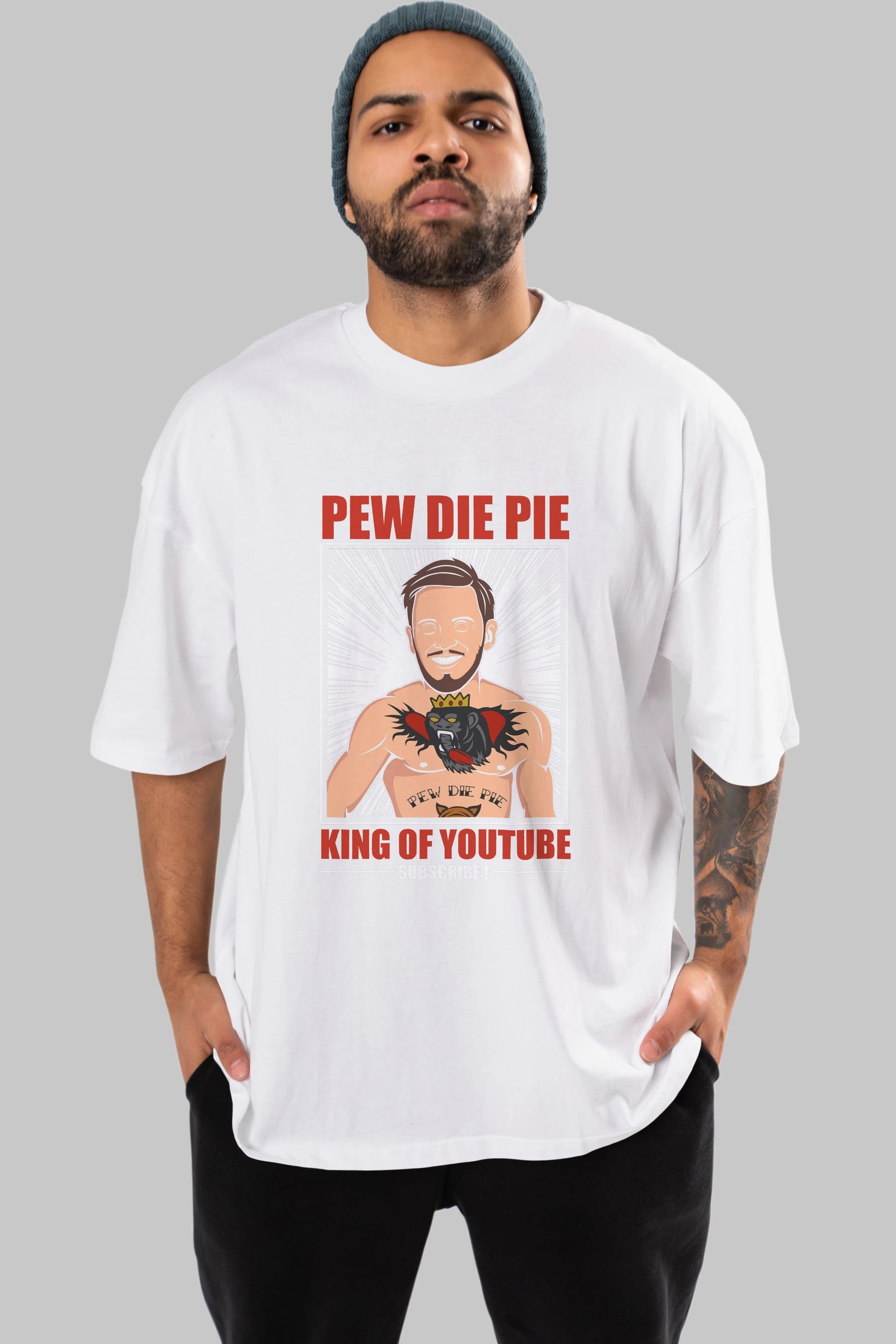 Pew Die Pie Fighter Ön Baskılı Oversize t-shirt Erkek Kadın Unisex %100 Pamuk tişort