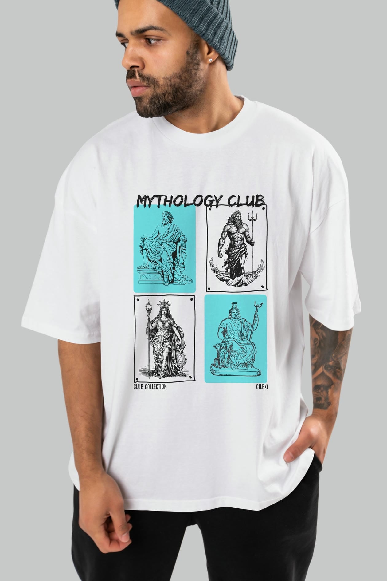 Mythology Club ön Baskılı Oversize t-shirt Erkek Kadın %100 Pamuk Bisiklet Yaka tişort