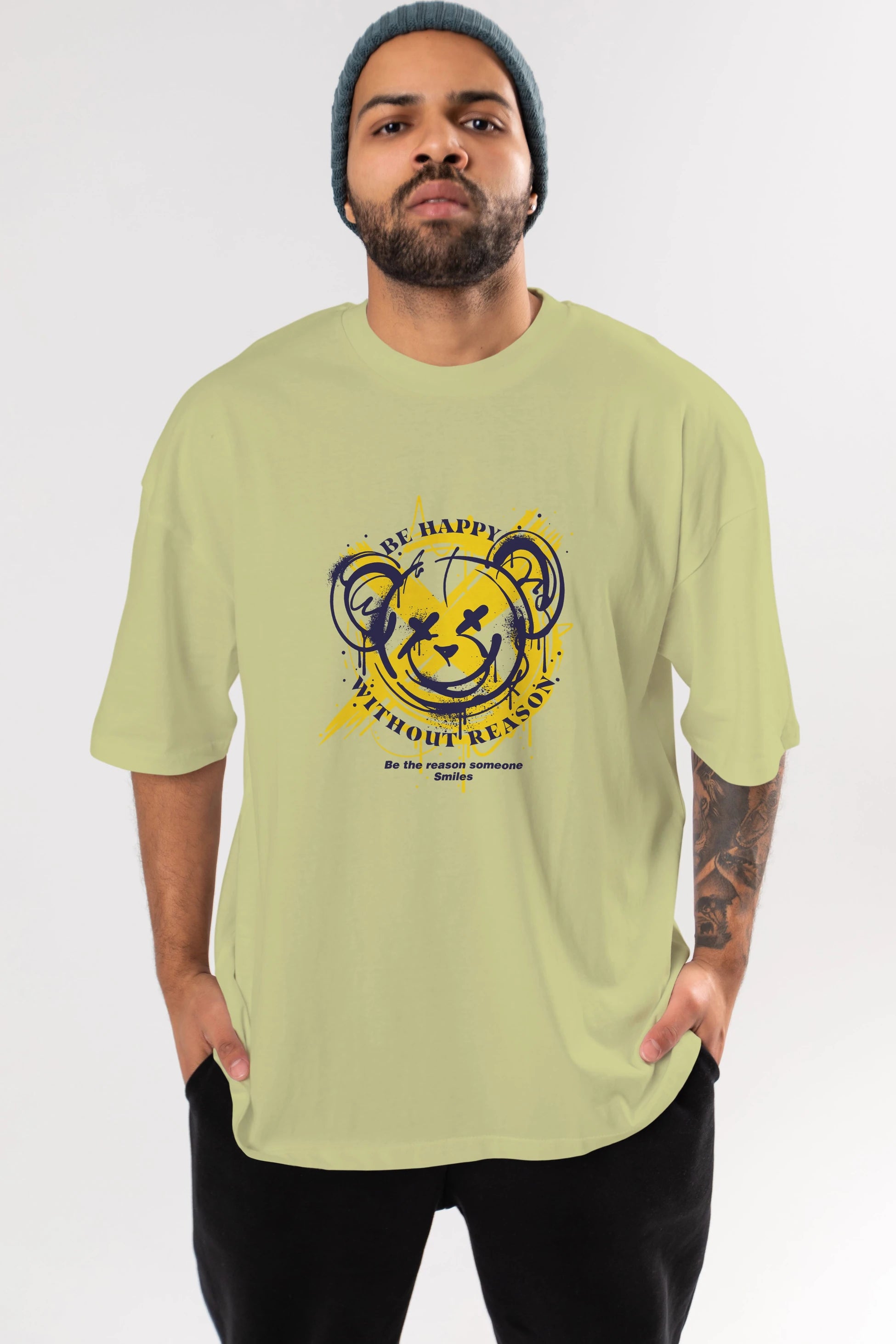 Be Happy Bear 2 Ön Baskılı Oversize t-shirt Erkek Kadın Unisex