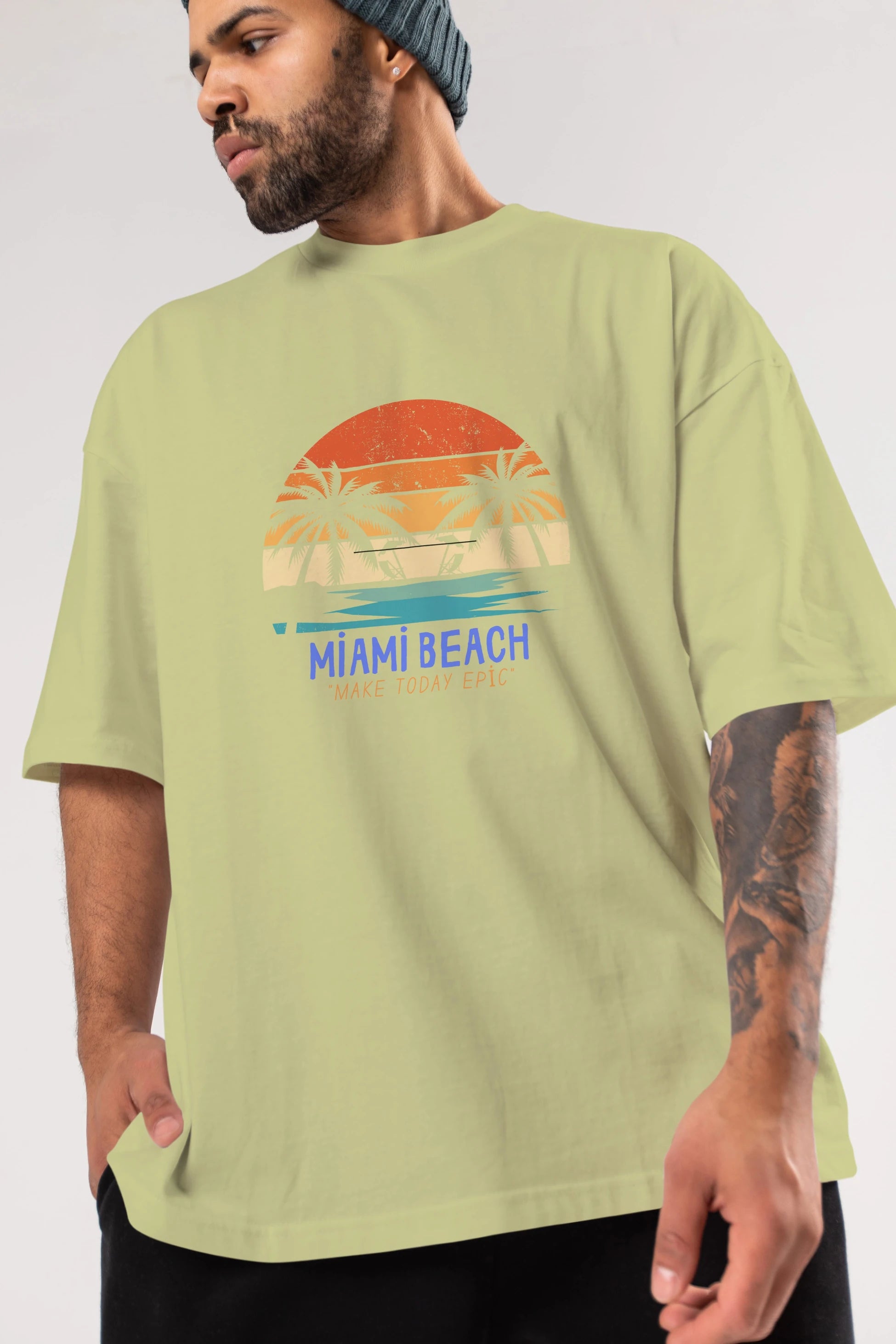 Miami Beach Yazılı Ön Baskılı Oversize t-shirt Erkek Kadın Unisex