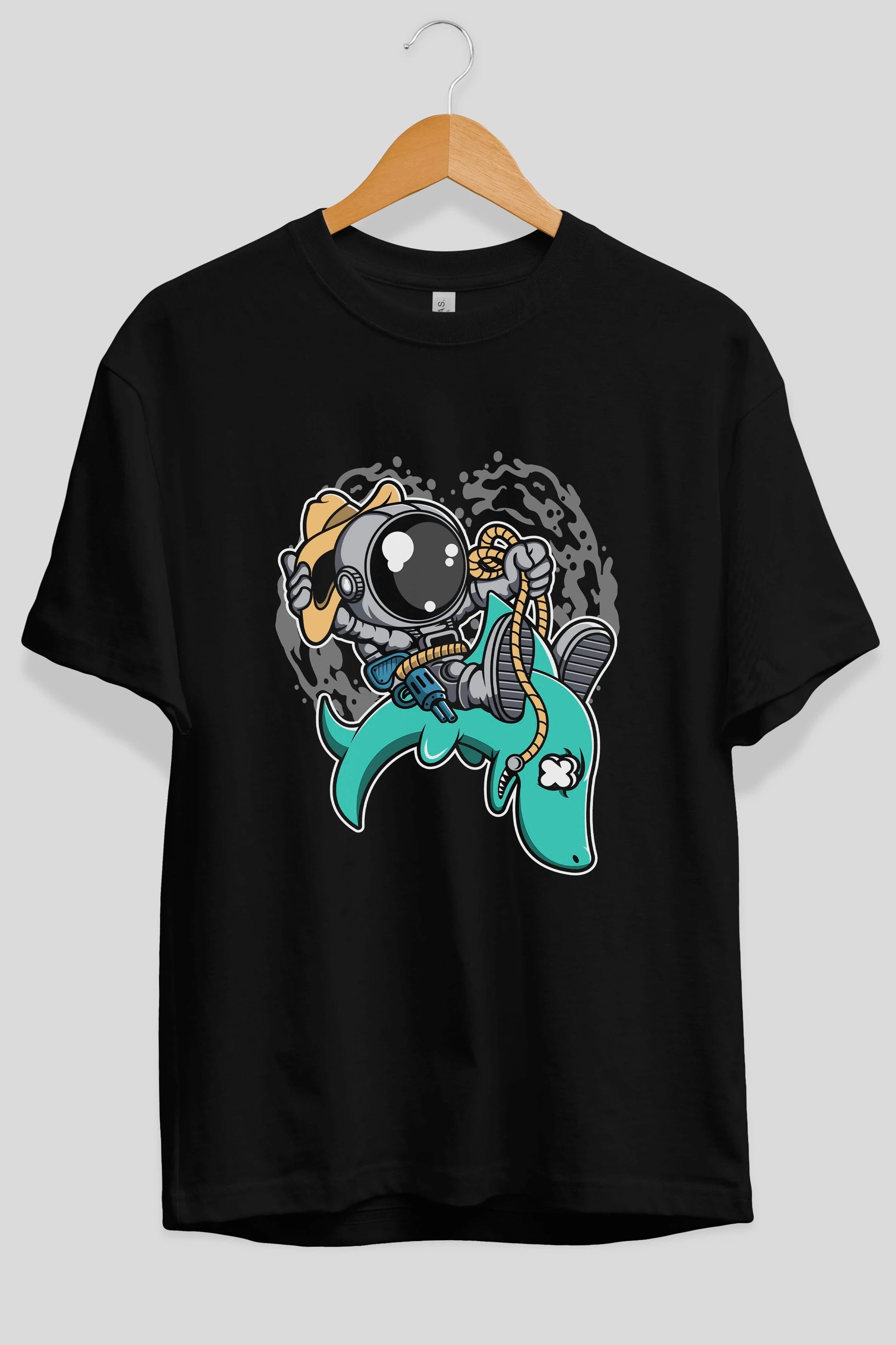 Astronaut Riding Shark Ön Baskılı Oversize t-shirt Erkek Kadın Unisex