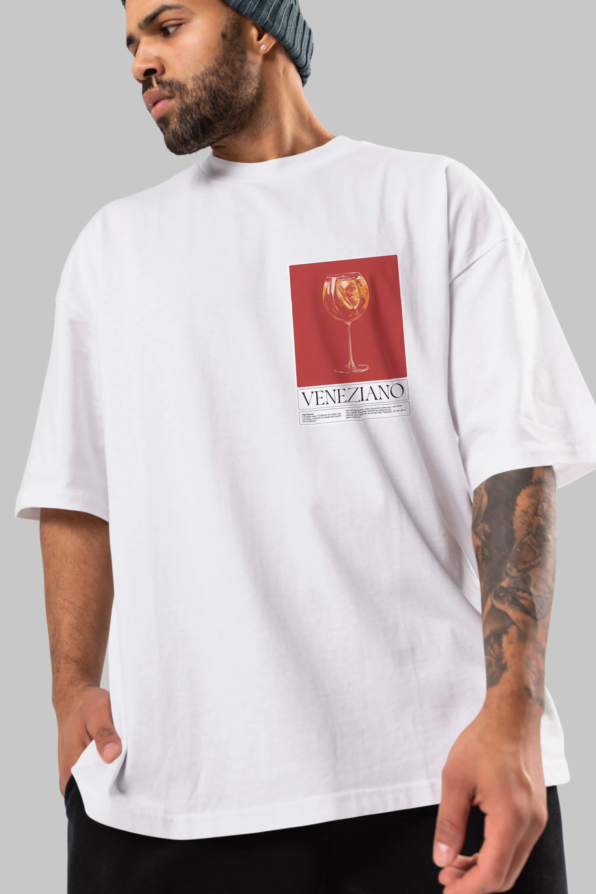 Veneziano Ön Sol Baskılı Oversize t-shirt Erkek Kadın Unisex %100 Pamuk Bisiklet Yaka tişort