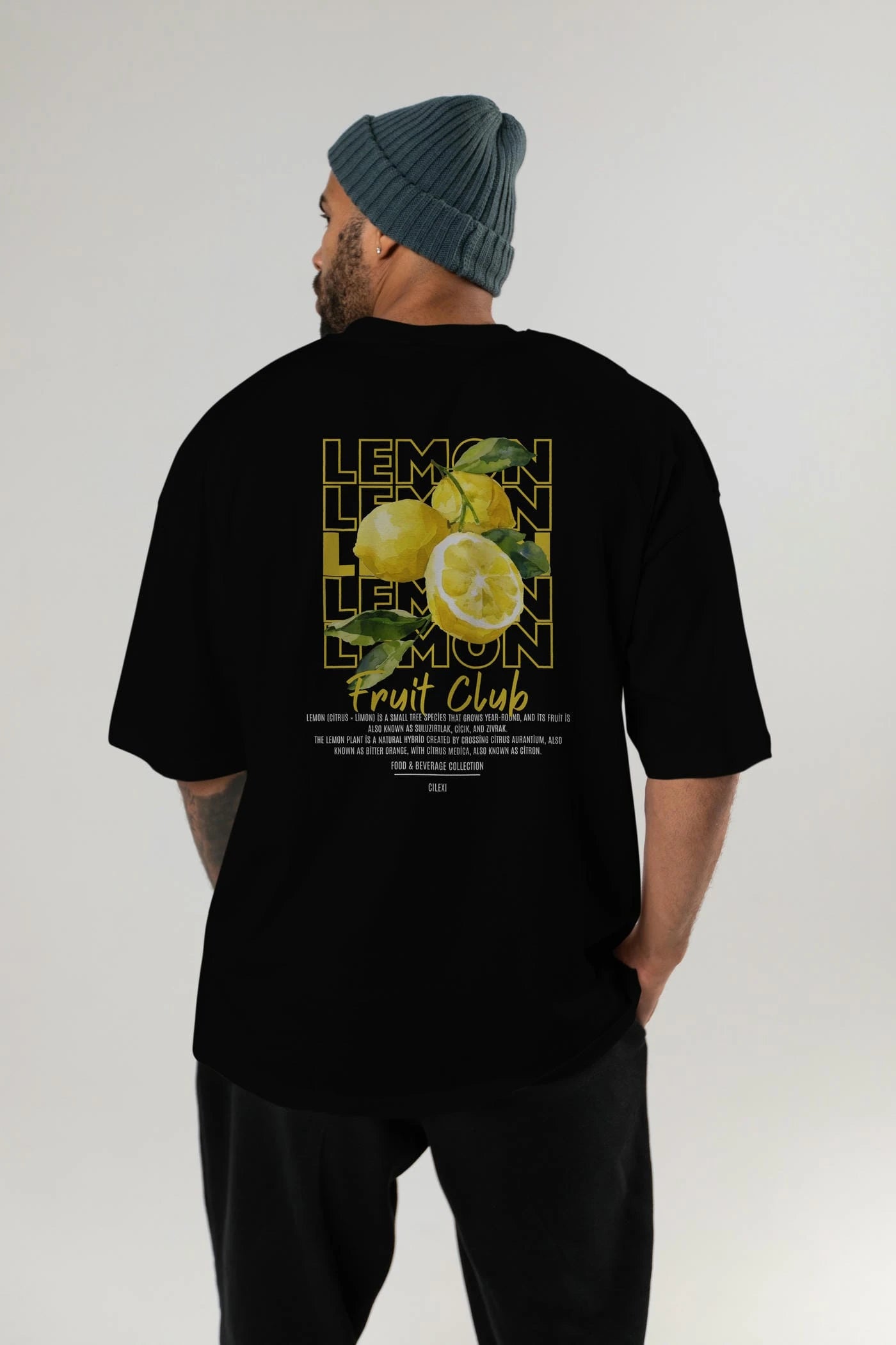 Lemon Arka Baskılı Oversize t-shirt Erkek Kadın Pamuk Bisiklet Yaka tişort