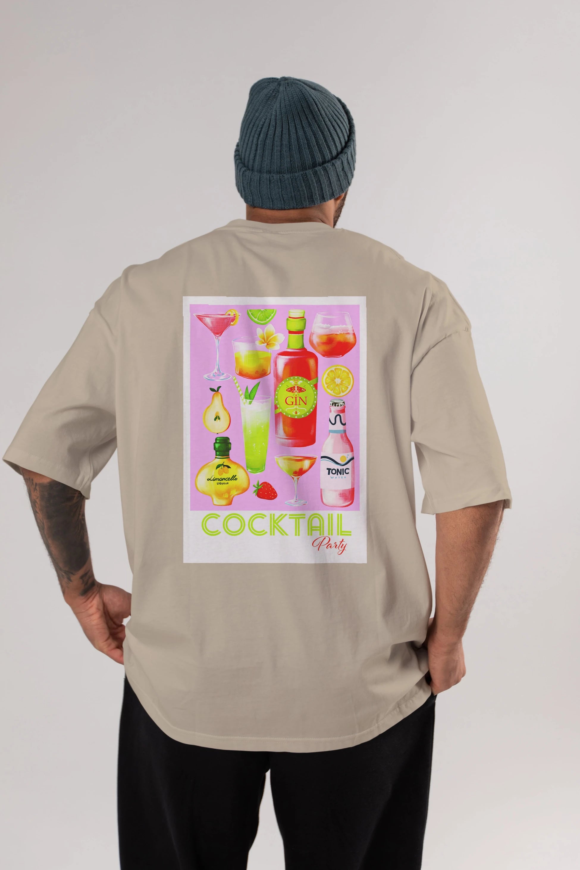 Cocktail Party Arka Baskılı Oversize t-shirt Erkek Kadın Unisex %100 Pamuk Bisiklet Yaka tişort