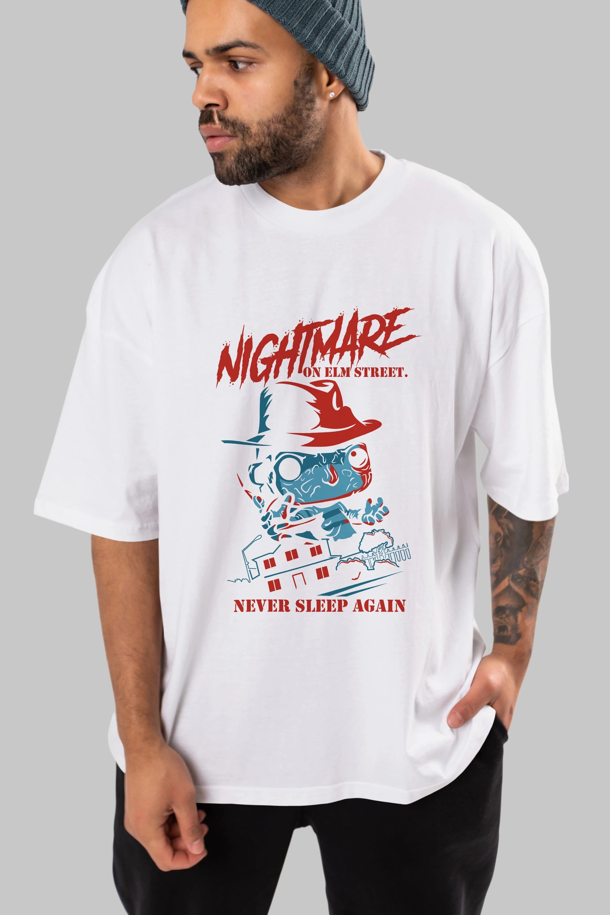 Nightmare Elm Sokağı Ön Baskılı Oversize t-shirt Erkek Kadın Unisex %100 Pamuk Bisiklet Yaka tişort