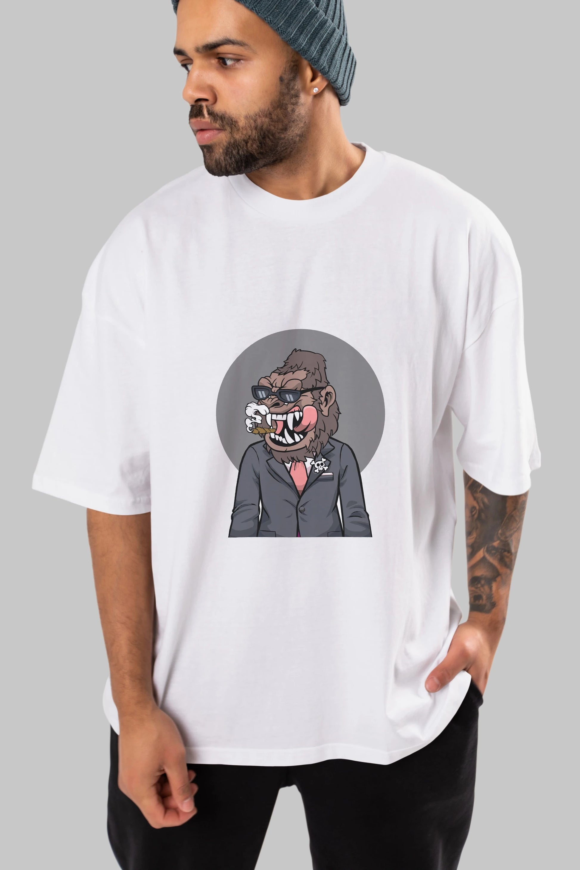 Monkey Suits Ön Baskılı Oversize t-shirt Erkek Kadın Unisex %100 Pamuk tişort
