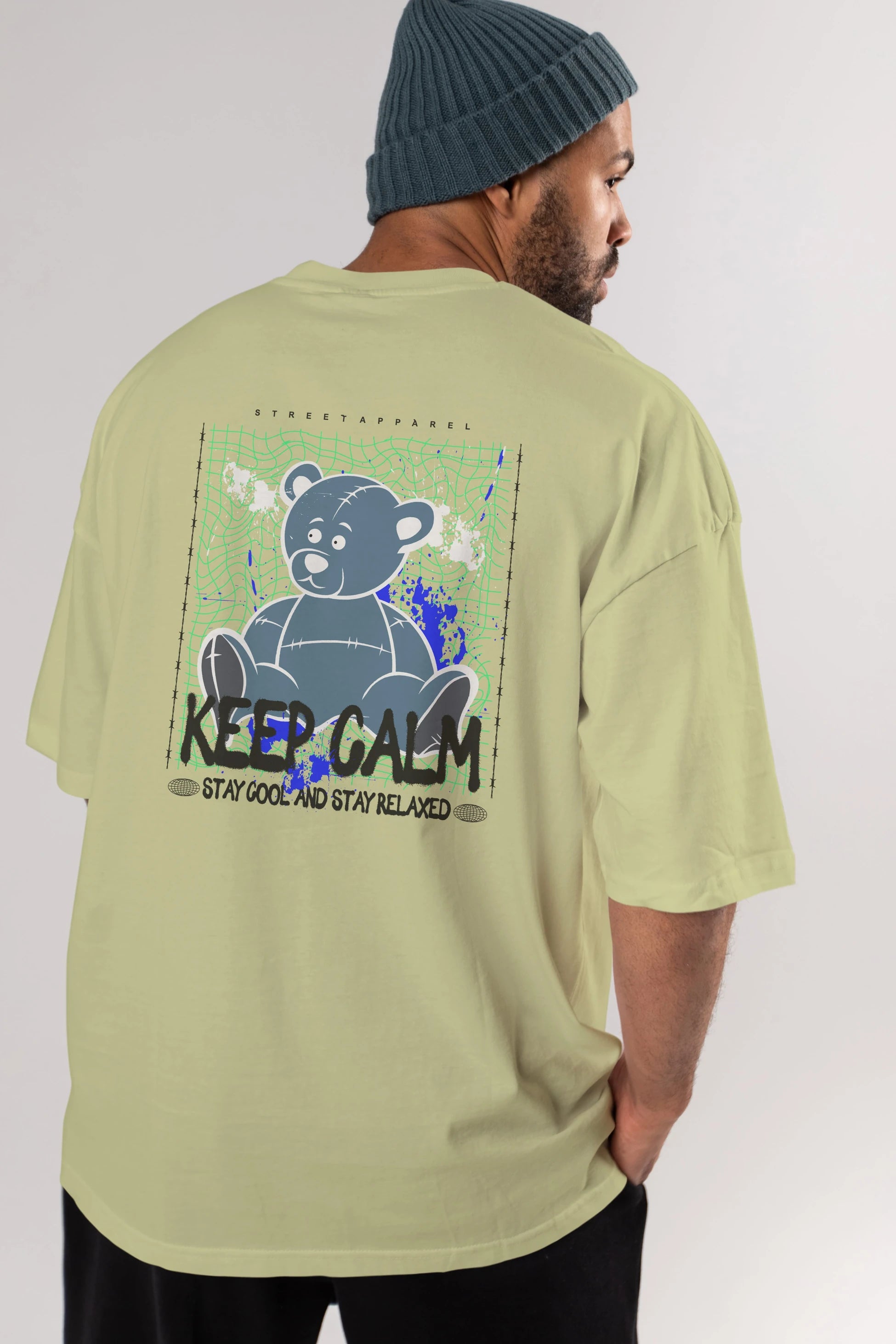 Keep Calm Bear Arka Baskılı Oversize t-shirt Erkek Kadın Unisex