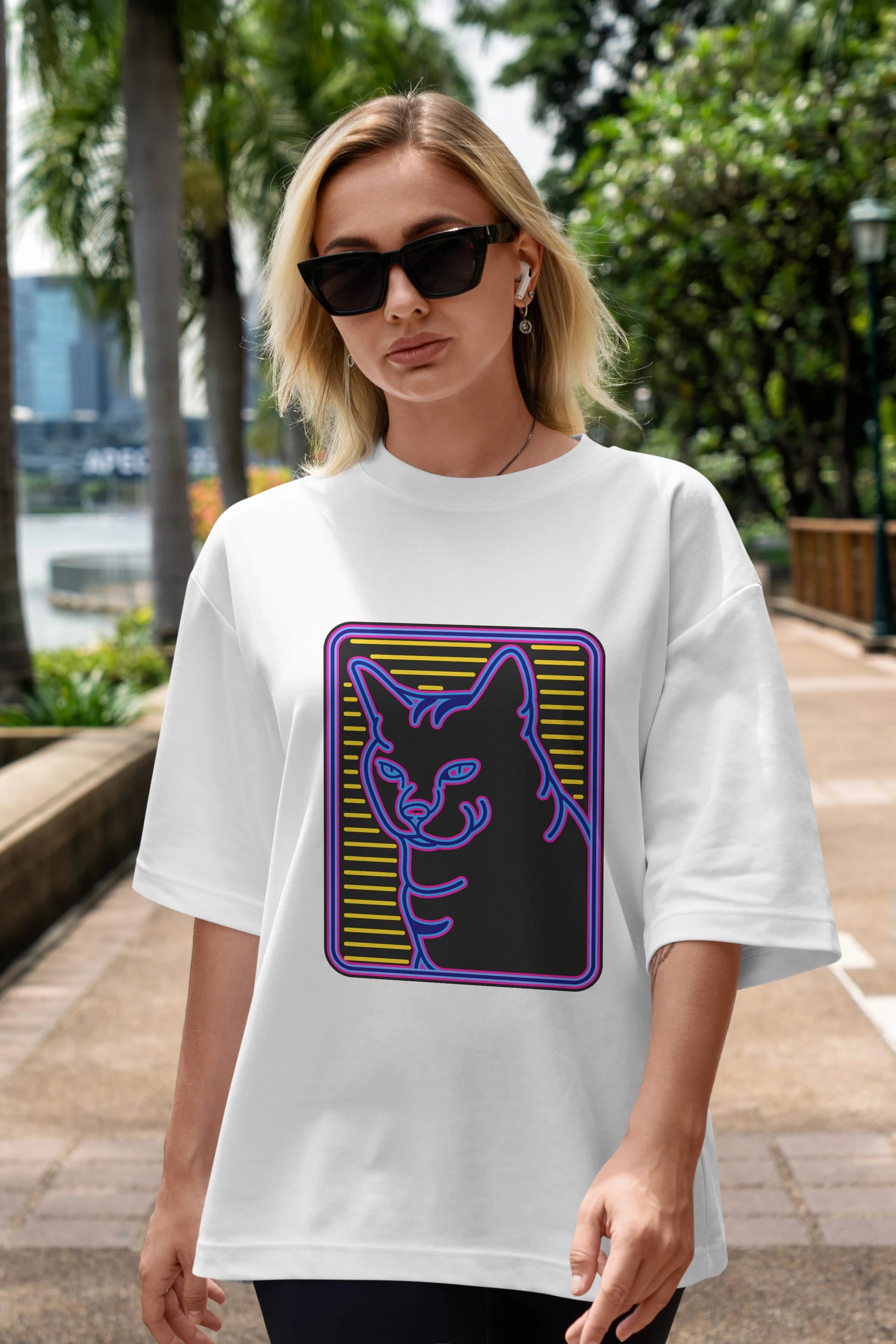 Neon Cat Ön Baskılı Oversize t-shirt Erkek Kadın Unisex
