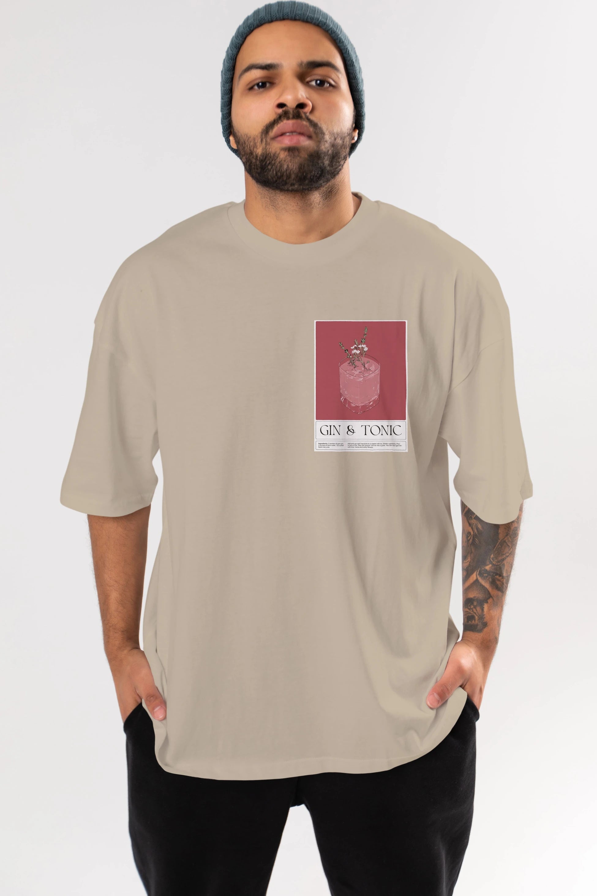Gin Tonic 4 Ön Sol Baskılı Oversize t-shirt Erkek Kadın Unisex %100 Pamuk Bisiklet Yaka tişort