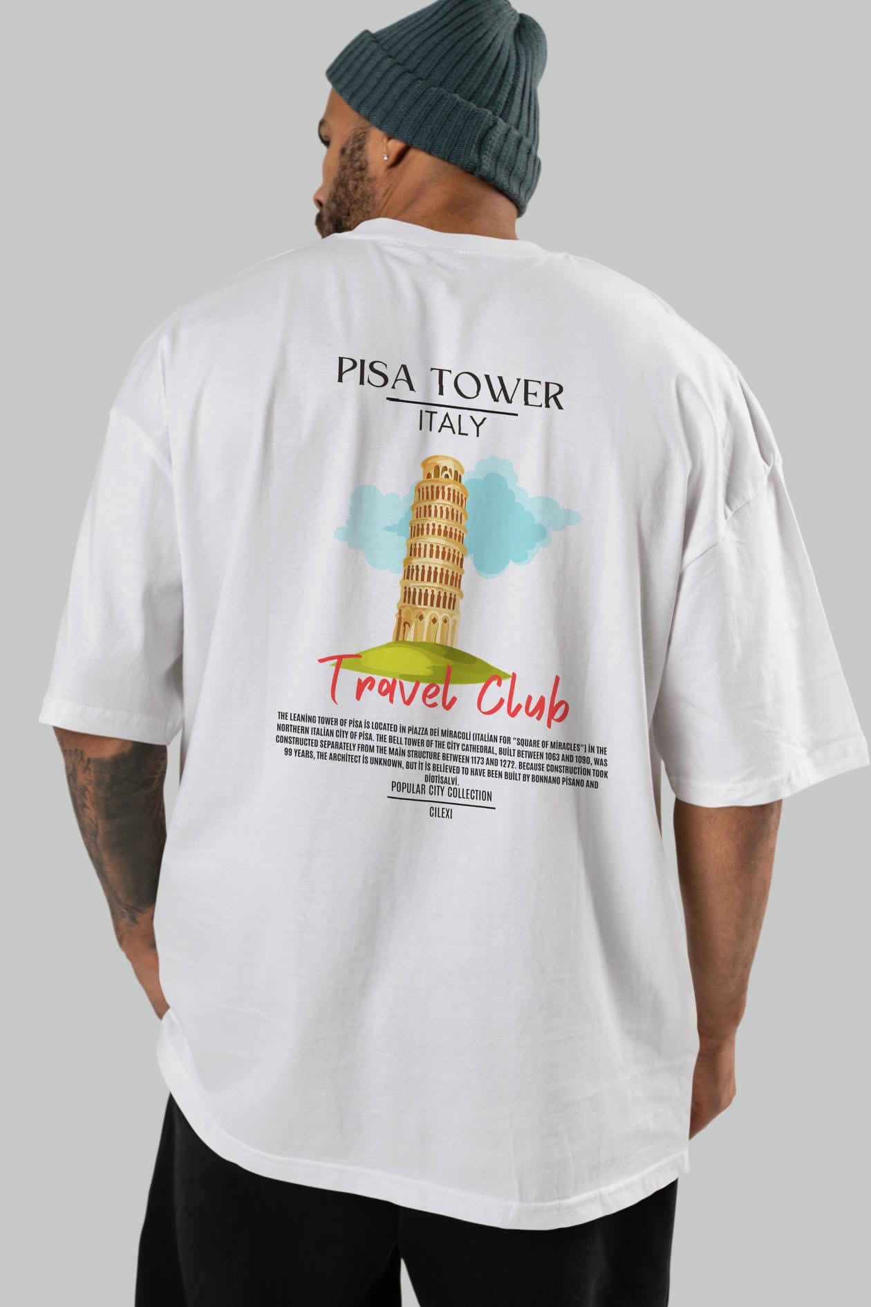 Pisa Tower İtaly Arka Baskılı Oversize t-shirt Erkek Kadın Pamuk Bisiklet Yaka tişort