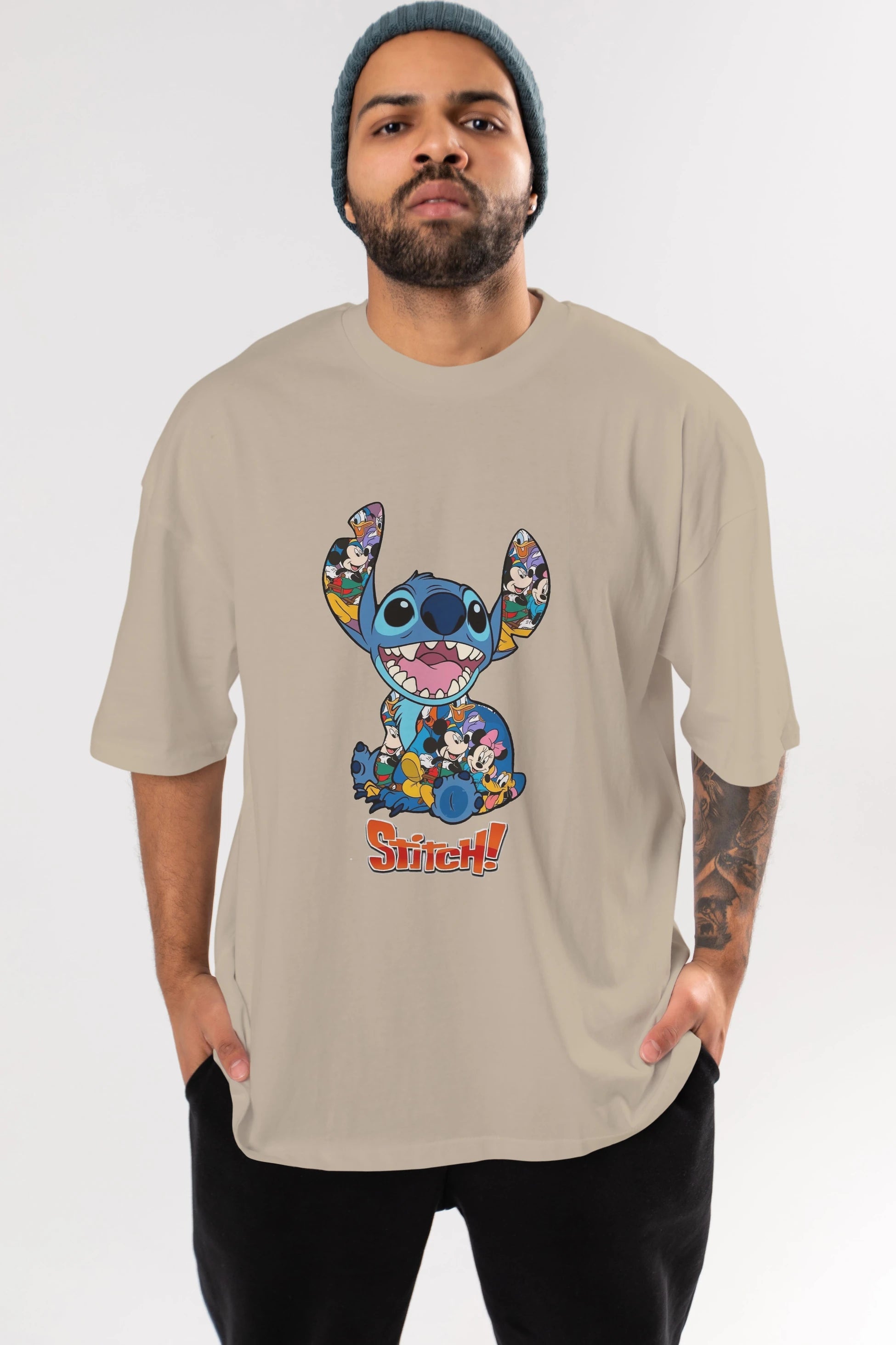 Stitch Ön Baskılı Oversize t-shirt Erkek Kadın Unisex %100 Pamuk Bisiklet Yaka tişort