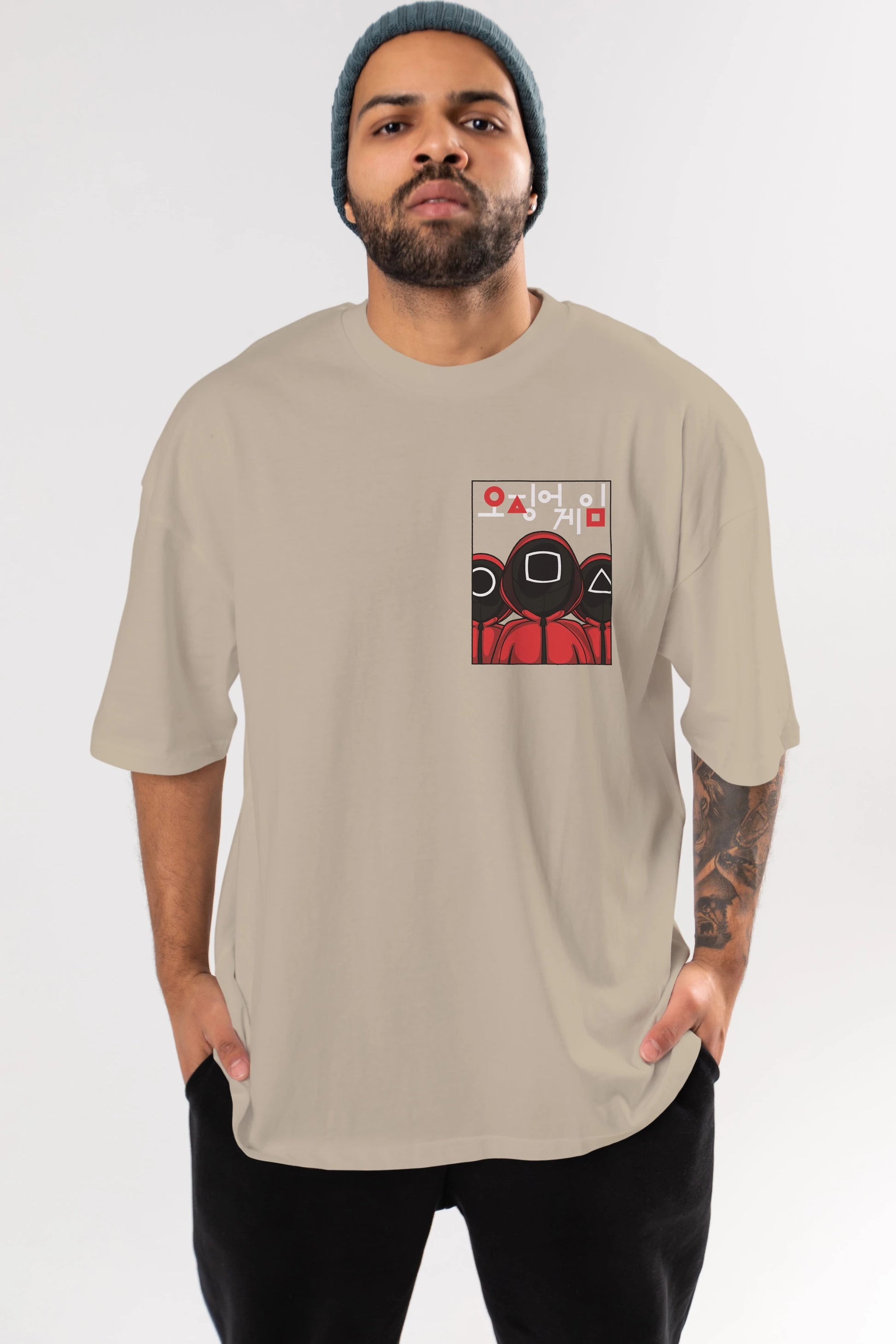 Squid Game (7) Ön Sol Baskılı Oversize t-shirt Erkek Kadın Unisex %100 Pamuk Bisiklet Yaka tişort