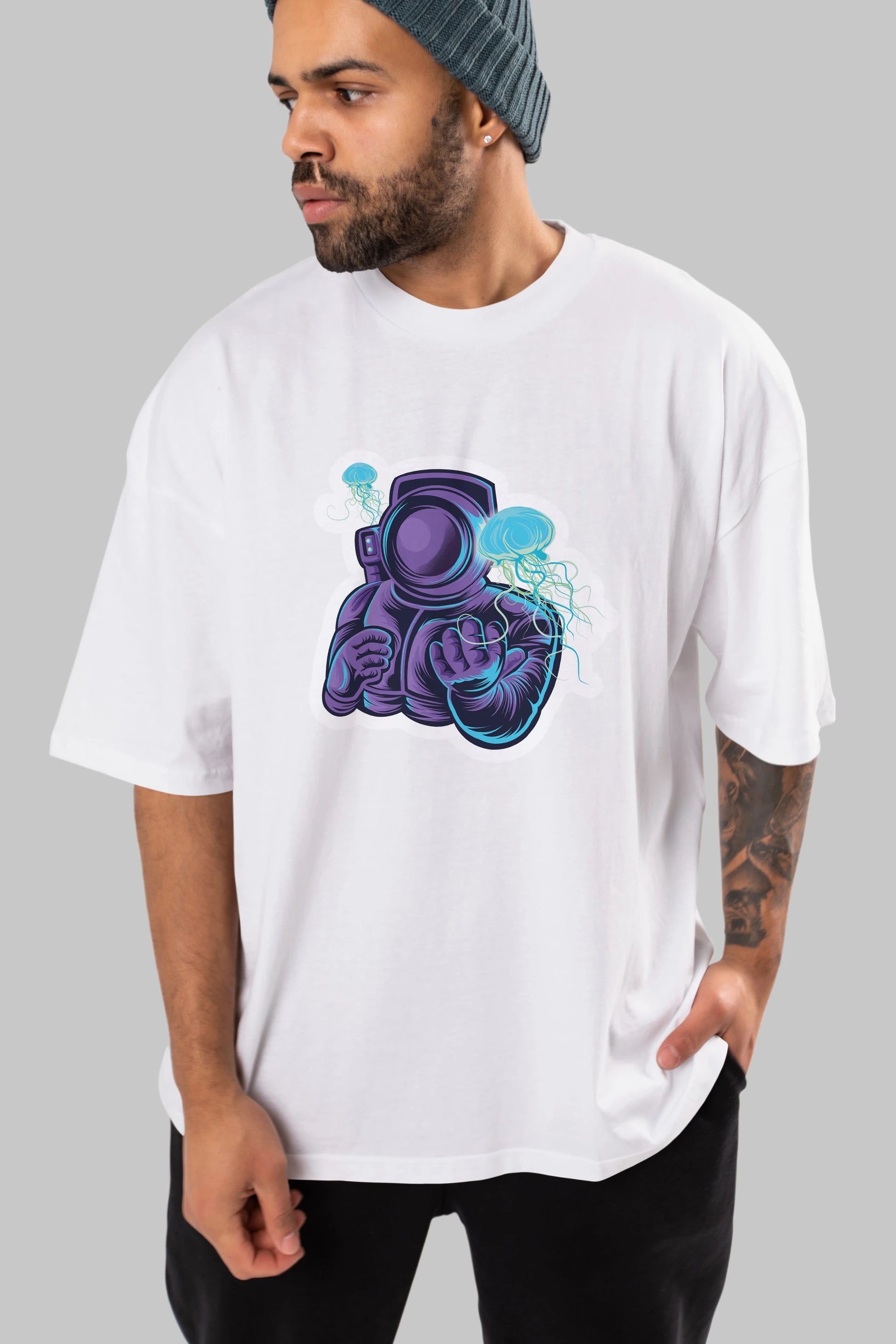 Astronaut and Jellyfish Sticker Ön Baskılı Oversize t-shirt Erkek Kadın Unisex