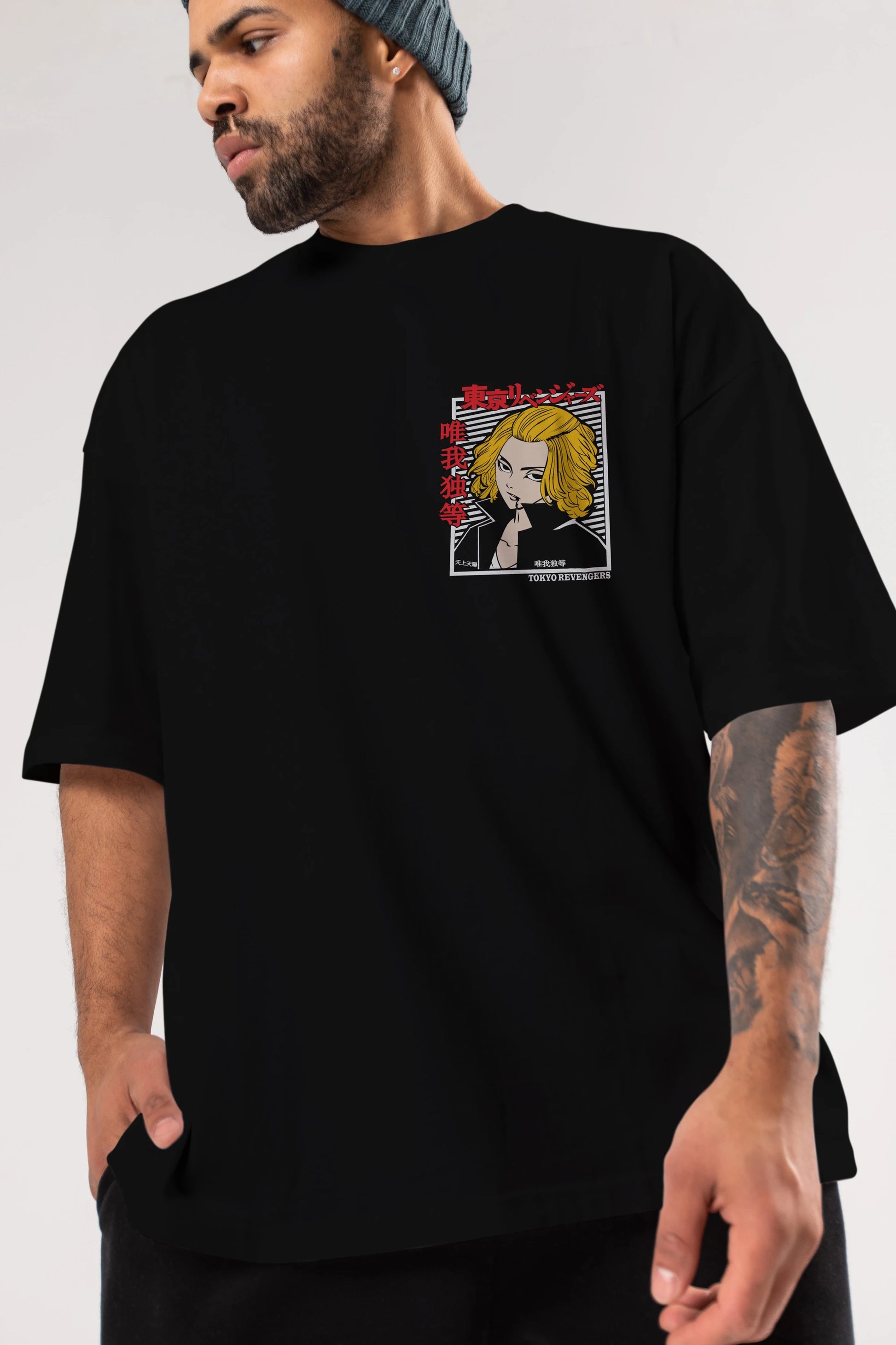 TokyoRev. M Ön Sol Baskılı Oversize t-shirt Erkek Kadın Unisex %100 Pamuk Bisiklet Yaka tişort