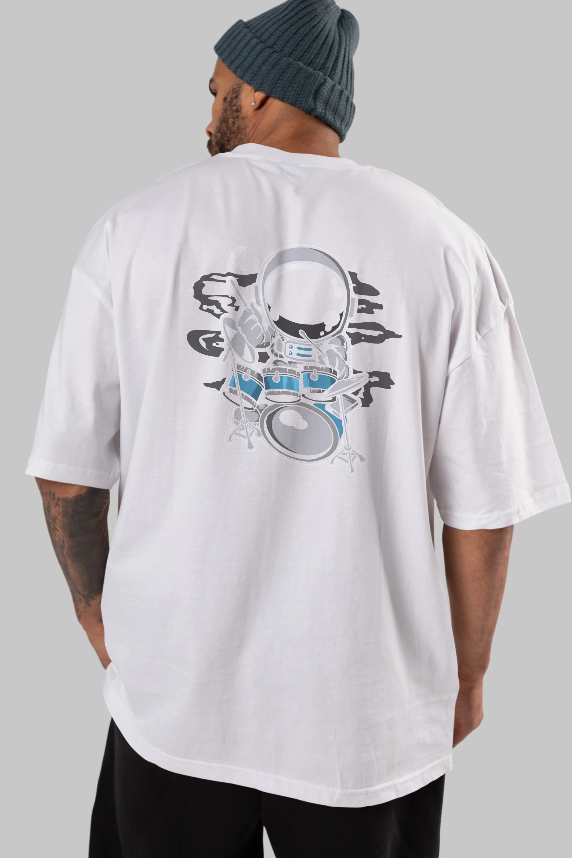 Astronaut Drummer Arka Baskılı Oversize t-shirt Erkek Kadın Unisex