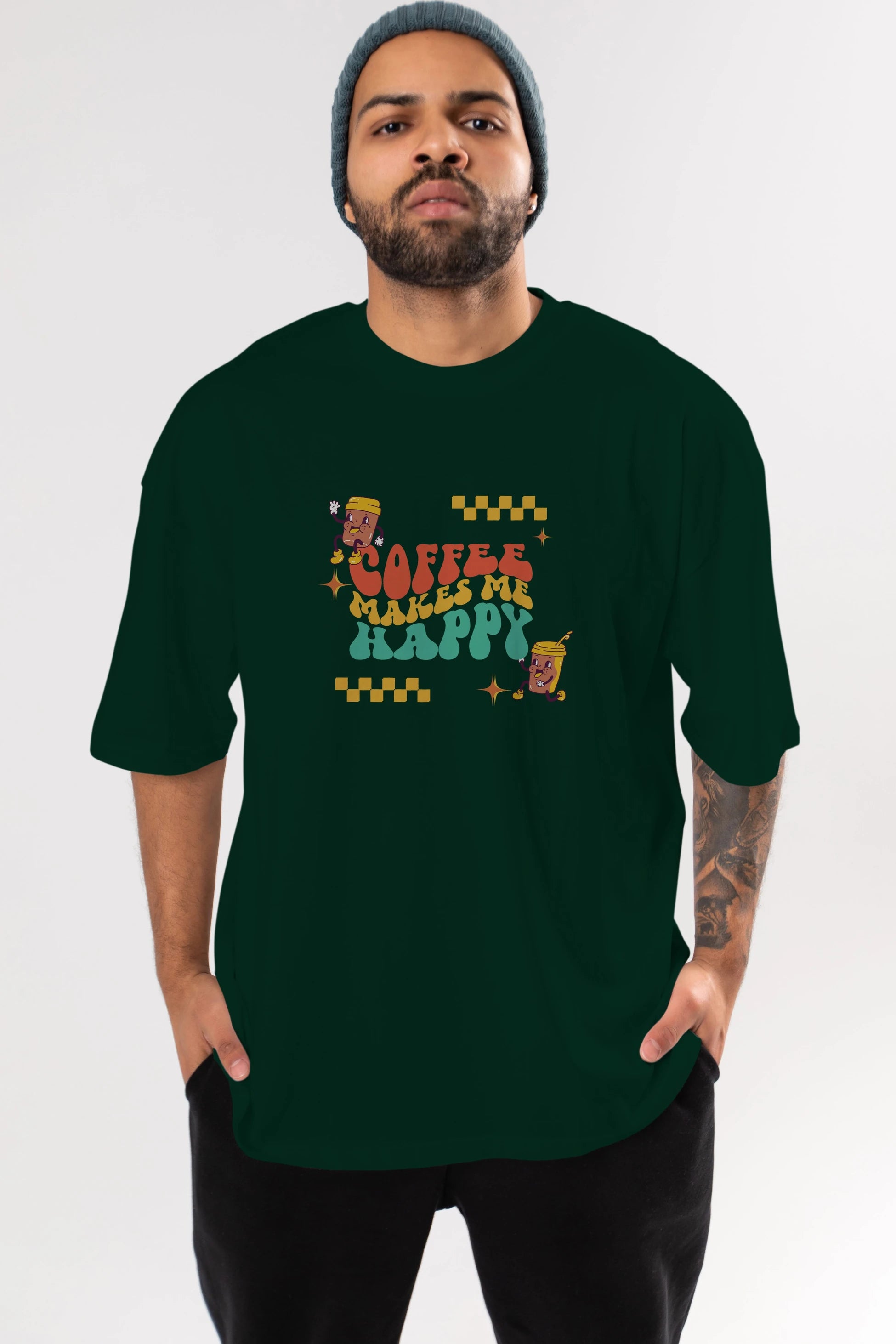 Coffee Makes Me Happy Yazılı Ön Baskılı Oversize t-shirt Erkek Kadın Unisex
