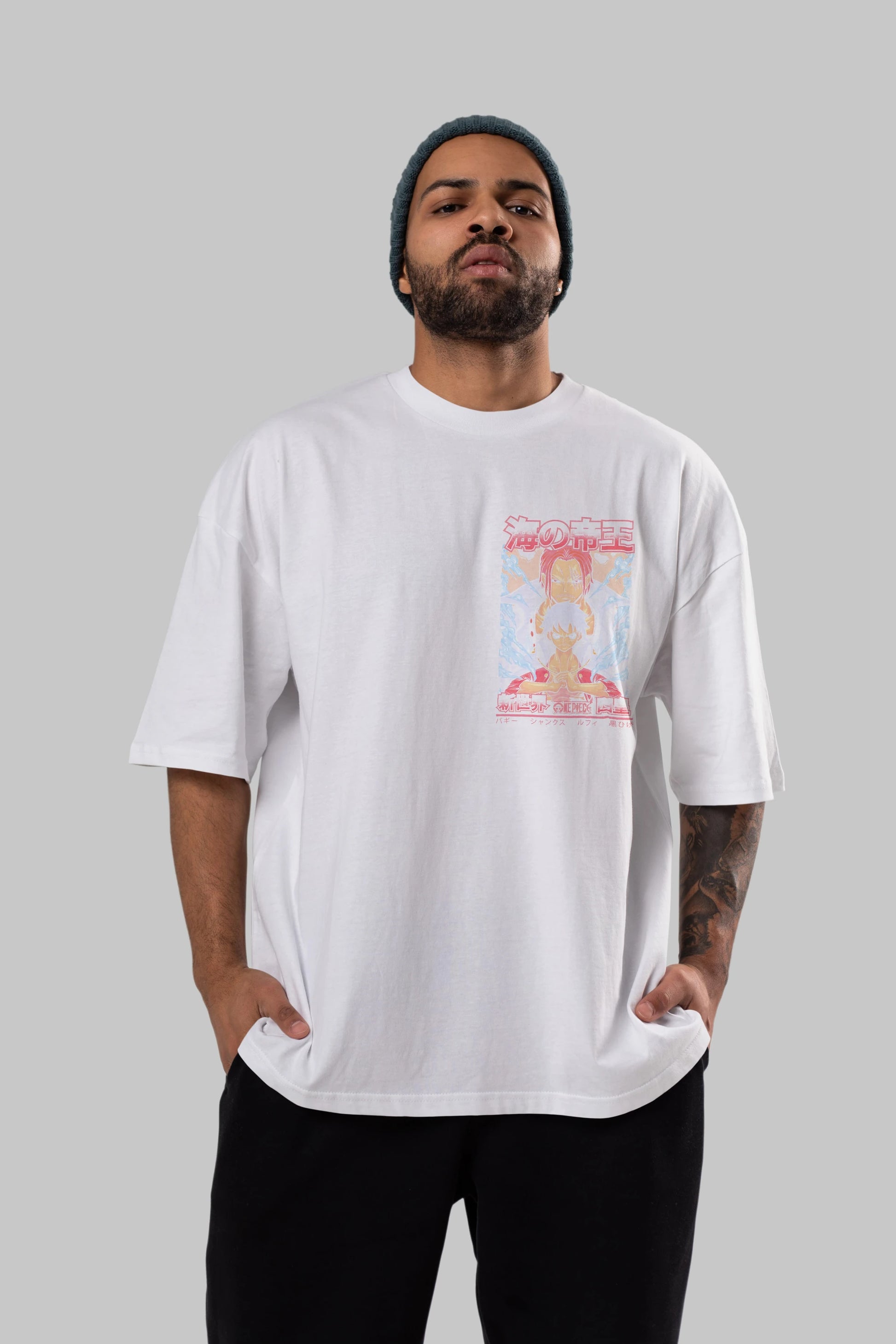 MONKEY D. LUFF and SHANKS Ön Sol Baskılı Oversize t-shirt Erkek Kadın Unisex %100 Pamuk Bisiklet Yaka tişort