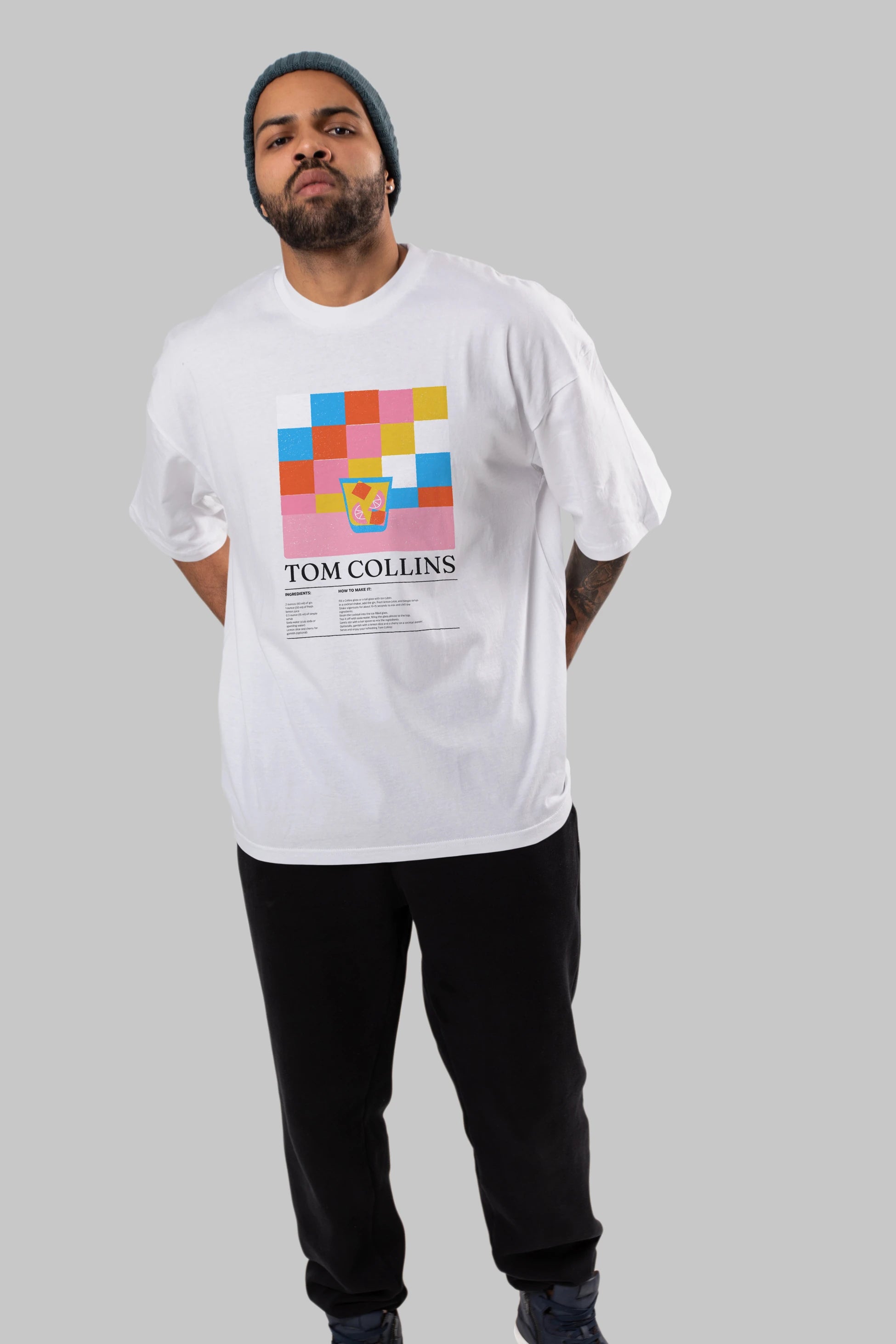Tom Collins Kokteyl Ön Baskılı Oversize t-shirt Erkek Kadın %100 Pamuk Bisiklet Yaka tişort
