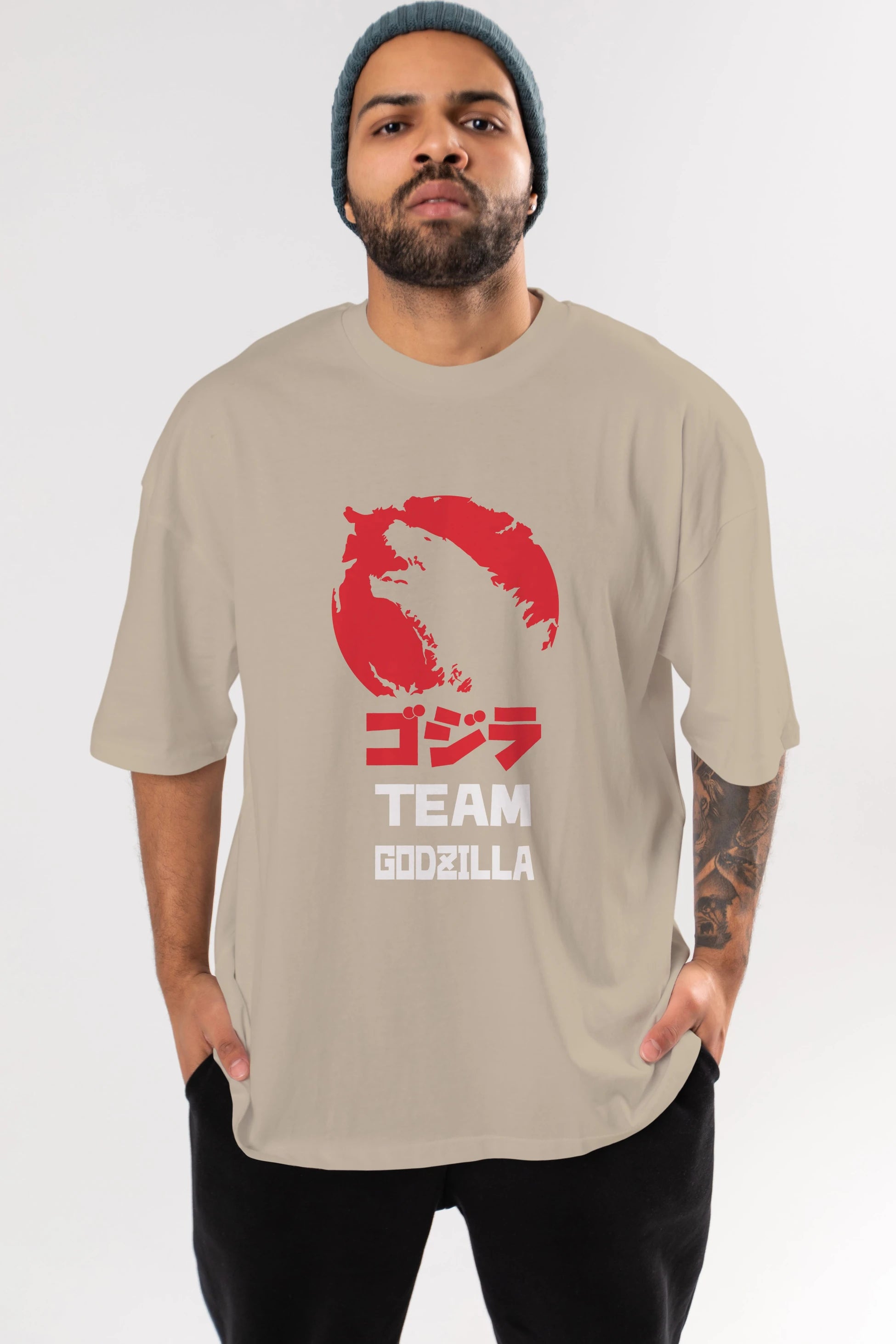 Team Godzilla Ön Baskılı Oversize t-shirt Erkek Kadın Unisex %100 Pamuk Bisiklet Yaka tişort