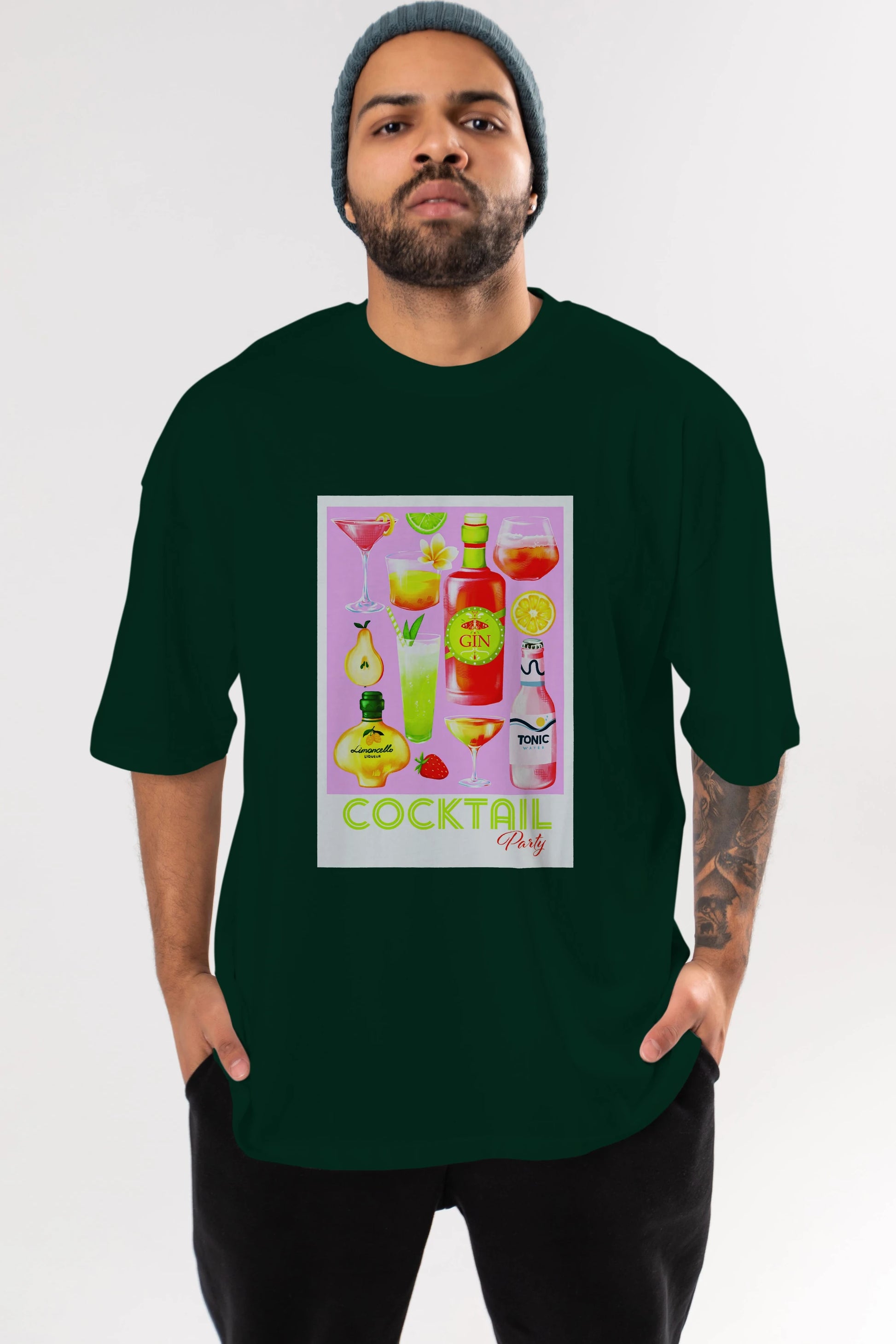 Cocktail Party Ön Baskılı Oversize t-shirt Erkek Kadın Unisex %100 Pamuk Bisiklet Yaka tişort