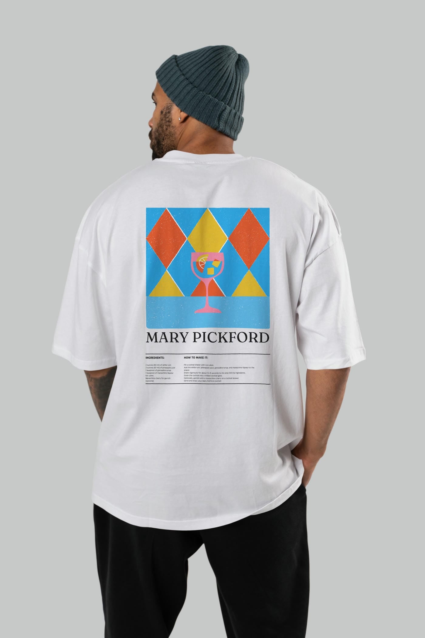 Mary Pickford Kokteyl Serisi Arka Baskılı Oversize t-shirt Erkek Kadın %100 Pamuk Bisiklet Yaka tişort