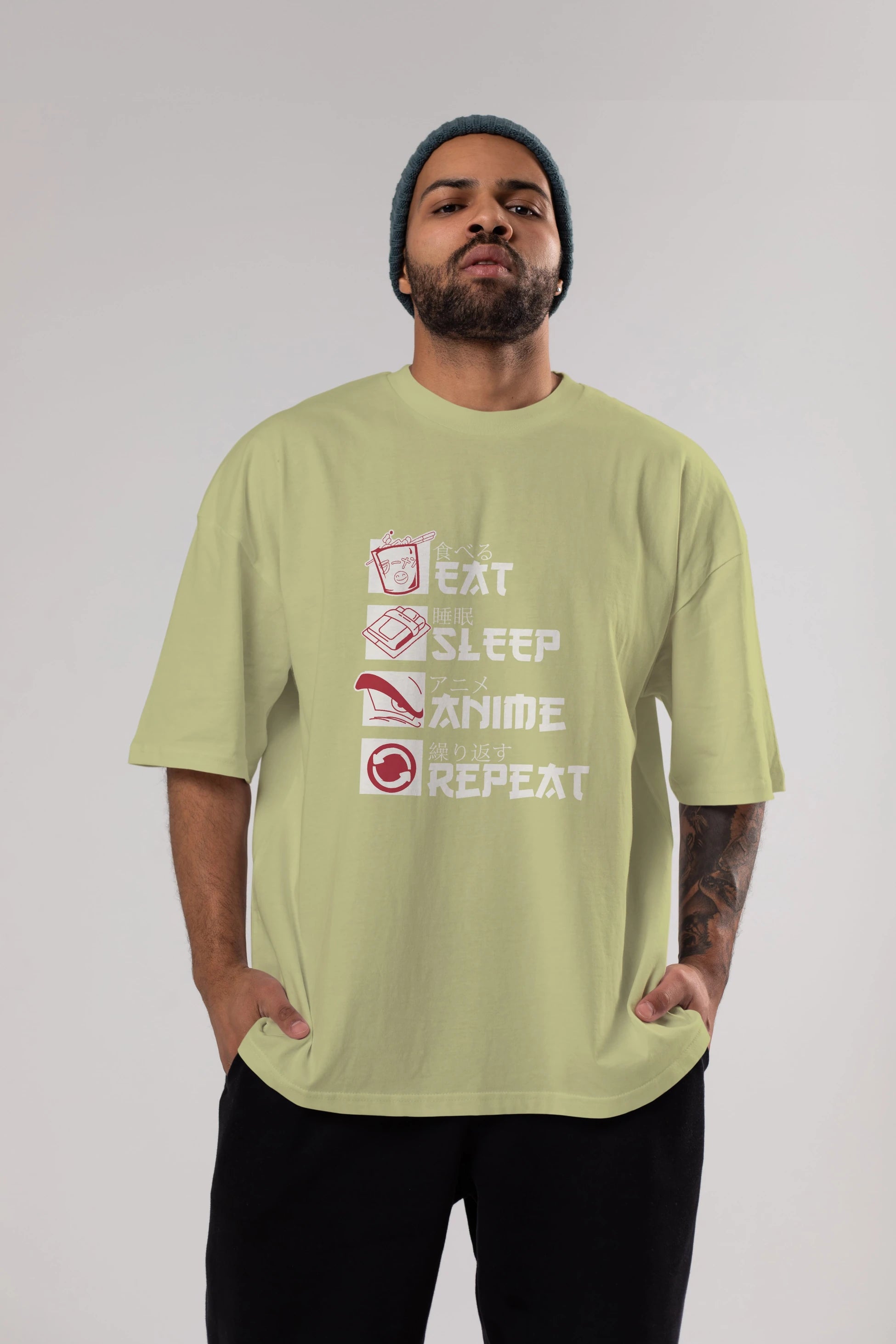 Eat, Sleep, Anime, Repeat Anime Ön Baskılı Oversize t-shirt %100 pamuk Erkek Kadın Unisex