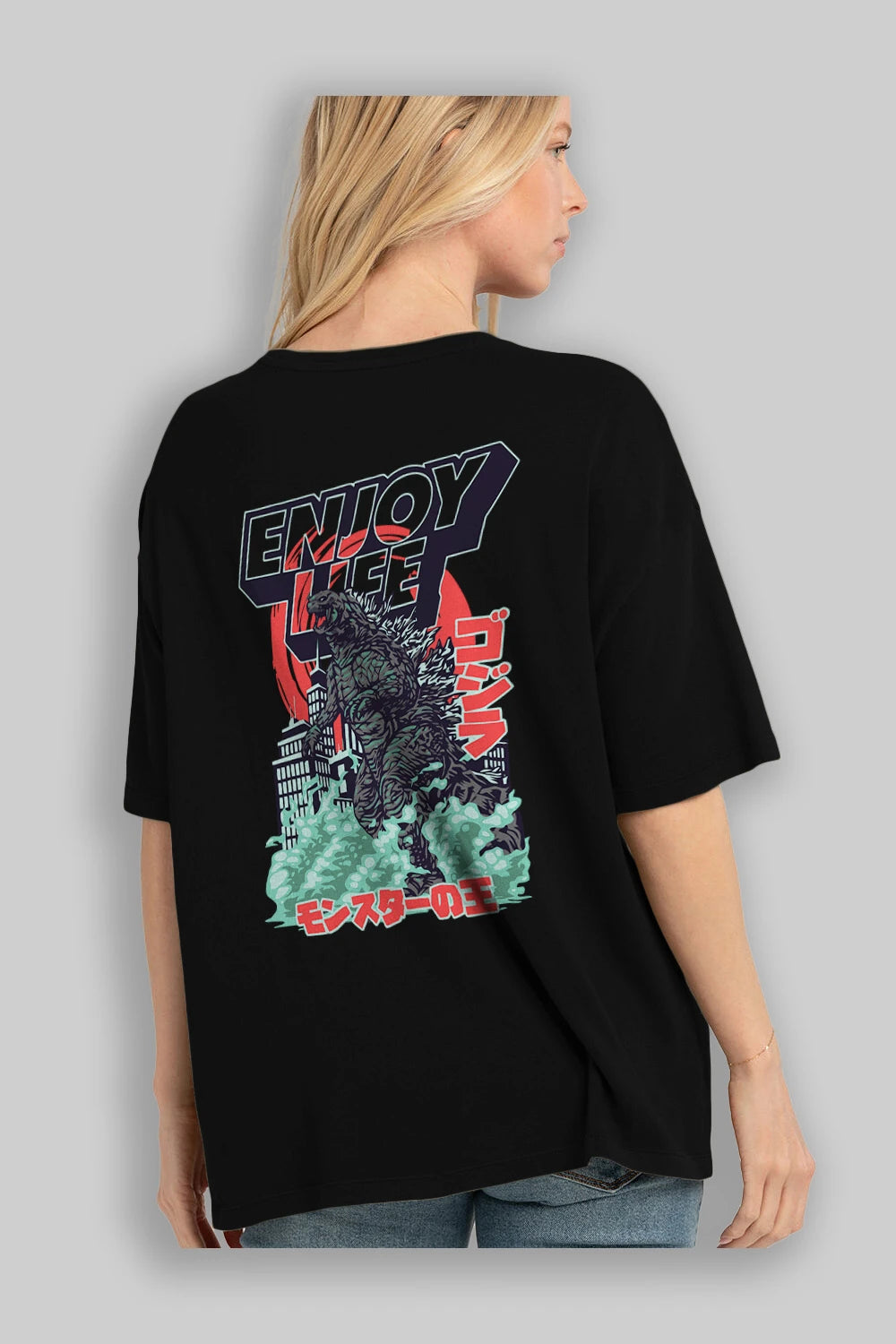 Godzilla Arka Baskılı Oversize t-shirt Erkek Kadın Unisex %100 Pamuk Bisiklet Yaka tişort