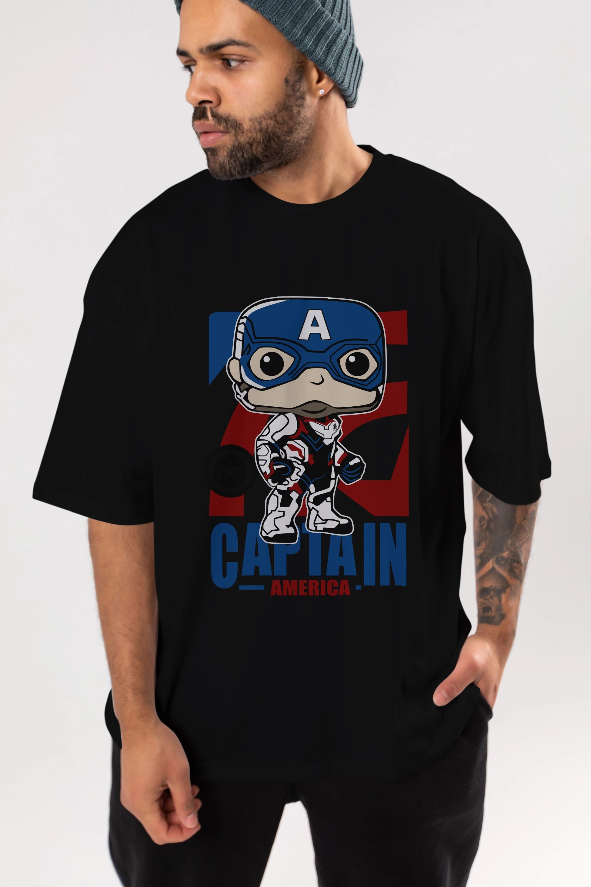 Captain America Ön Baskılı Oversize t-shirt Erkek Kadın Unisex %100 Pamuk Bisiklet Yaka tişort