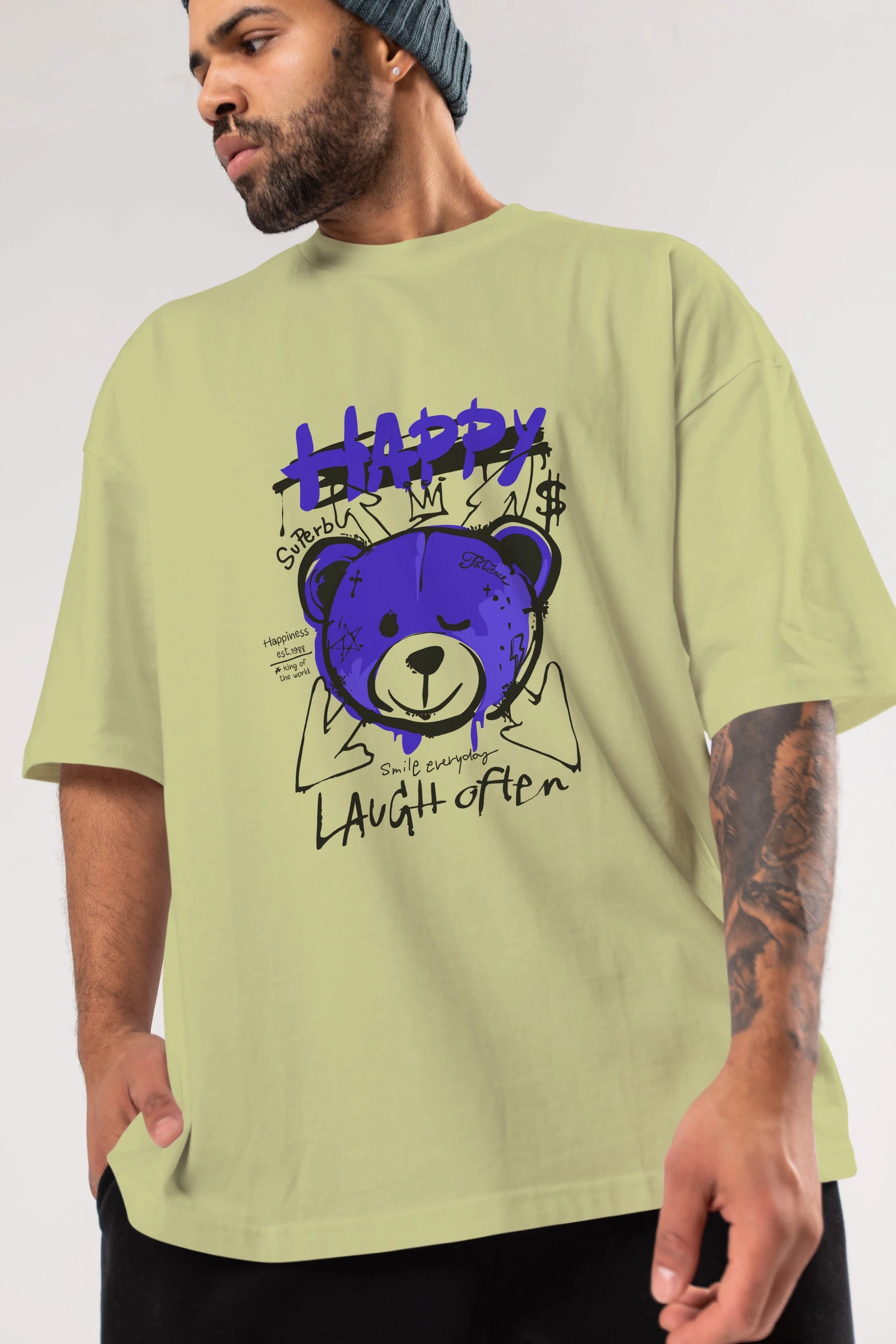 Happy Bear Ön Baskılı Oversize t-shirt Erkek Kadın Unisex