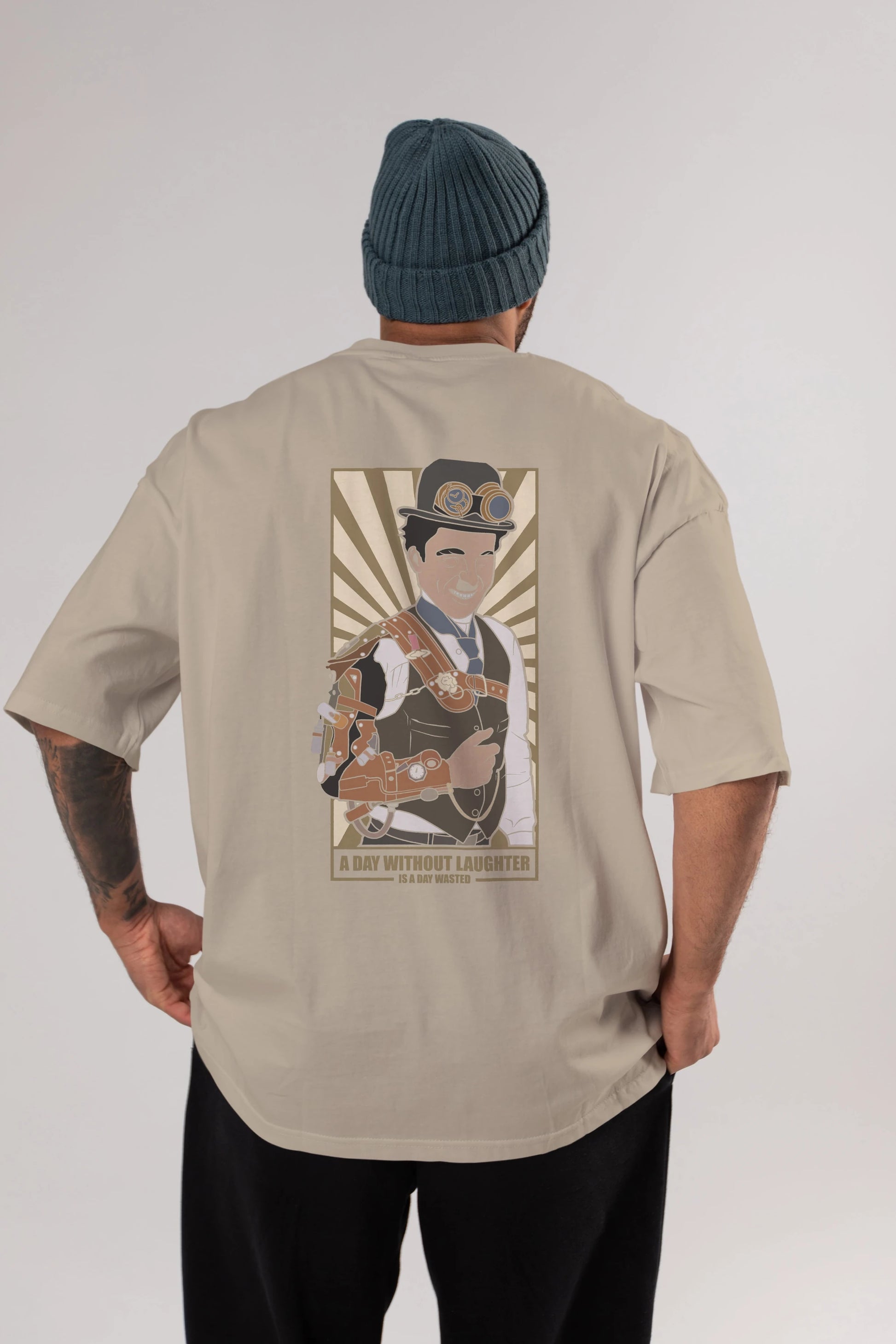 Steampunk Chaplin Arka Baskılı Oversize t-shirt Erkek Kadın Unisex %100 Pamuk tişort
